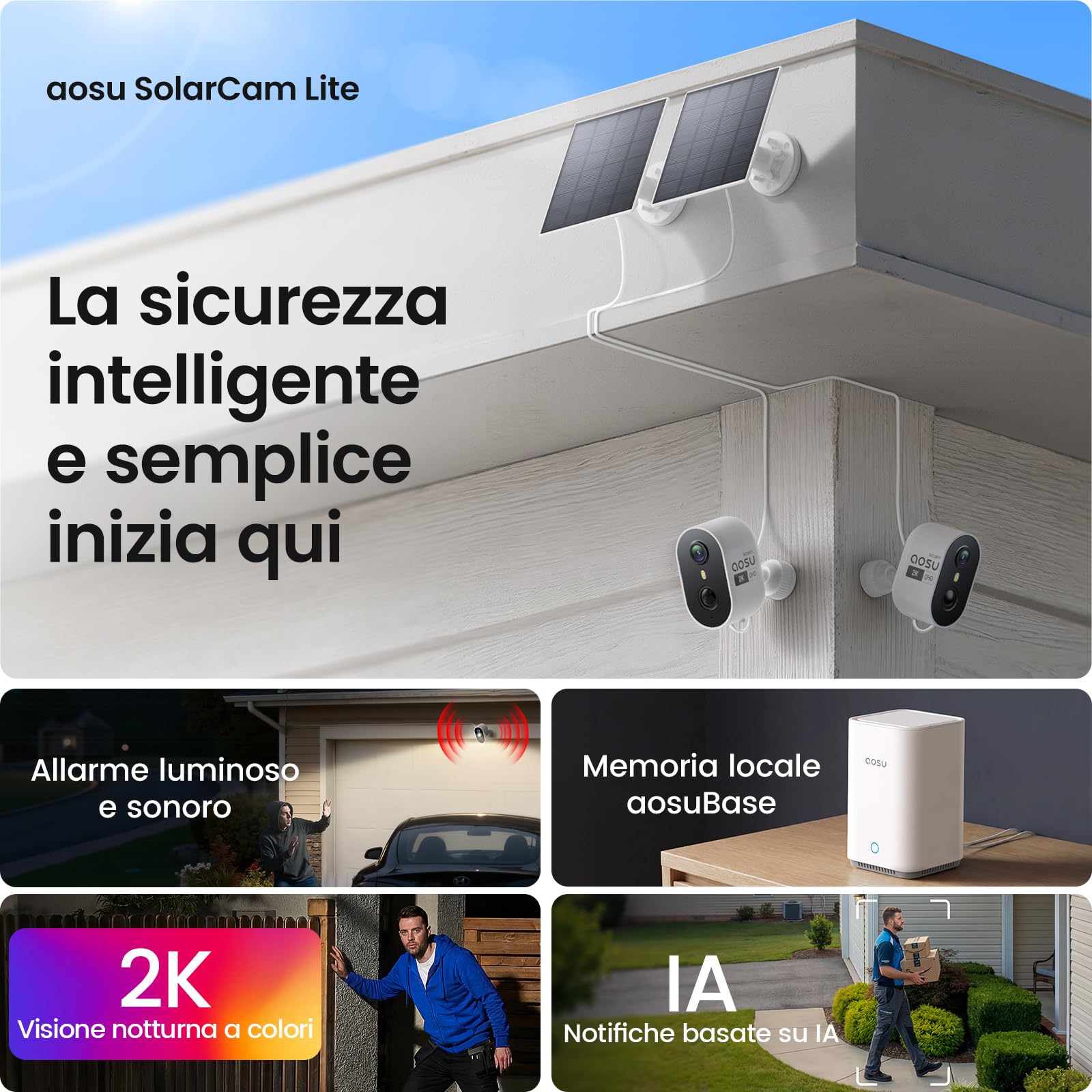 aosu Cámara de Vigilancia 2K Exterior Solare Kit 6 Cámaras con Aosubase 2.0 Sin Suscripción 32GB Almacenamiento Local Cámara Inalámbrica Sensor PIR Alarma Luz Audio Bidireccional Visión Nocturna