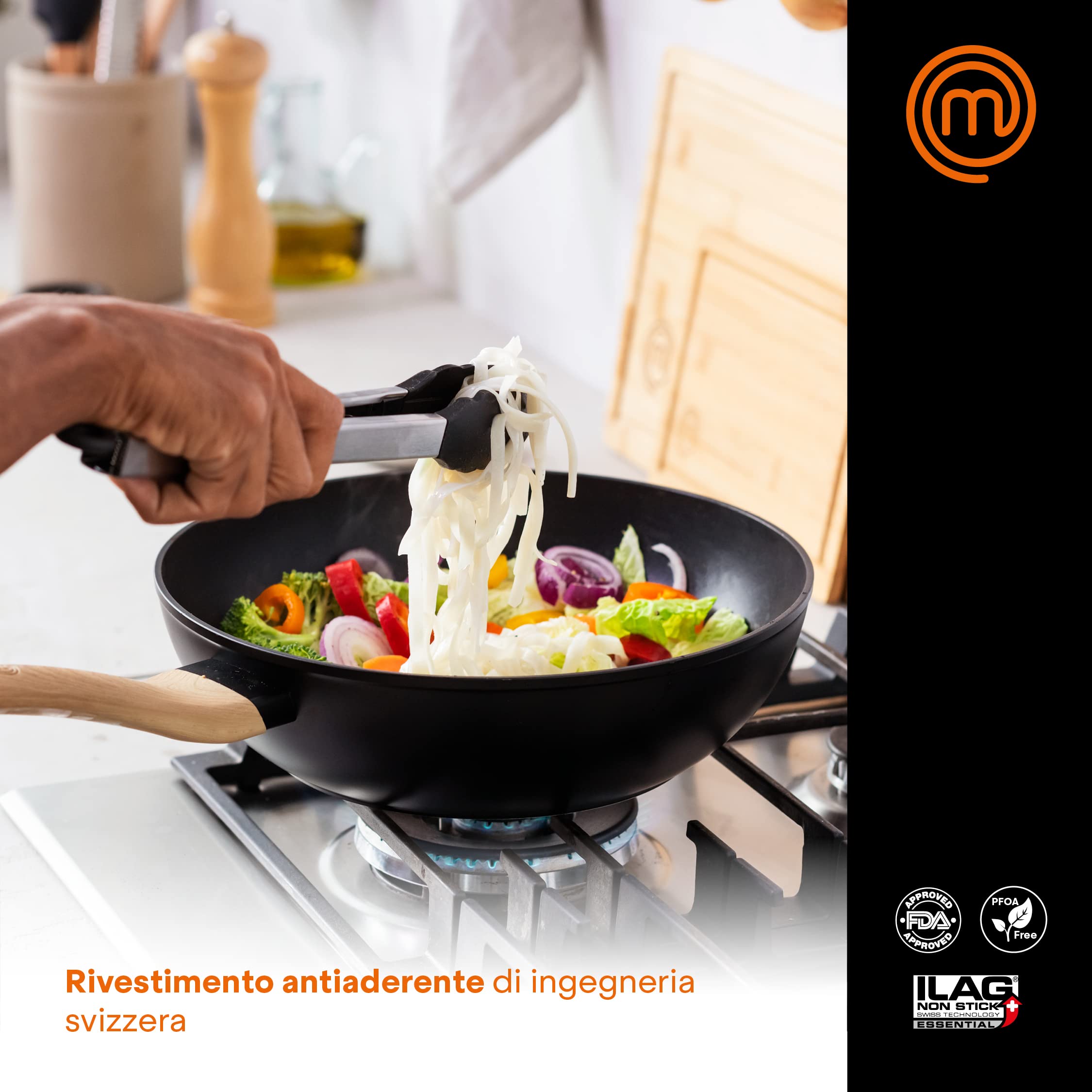 MasterChef Wok, Padella Antiaderente 28cm, Pentole Aluminio, per Salta e altro, Cinese, Induzione e altro, Tutti i Piani, Antigraffio, Lavabile in Lavastoviglie, Nero