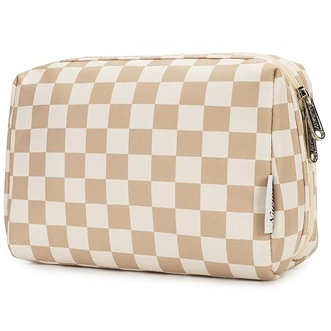 Narwey Checkered Makeup Bag Travel Cosmetic Bag Organizer Toiletry Bag Make Up Bags with Compartments for Women Girls (Large, Light Checkerboard)