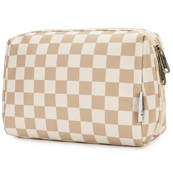 Narwey Checkered Makeup Bag Travel Cosmetic Bag Organizer Toiletry Bag Make Up Bags with Compartments for Women Girls (Large, Light Checkerboard)