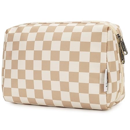 Narwey Checkered Makeup Bag Travel Cosmetic Bag Organizer Toiletry Bag Make Up Bags with Compartments for Women Girls (Large, Light Checkerboard)