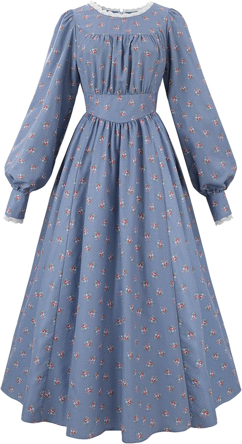 CR ROLECOS Women Pioneer Dress Colonial Costume with Pockets & Lace 3 Piece Floral Prairie Press Set