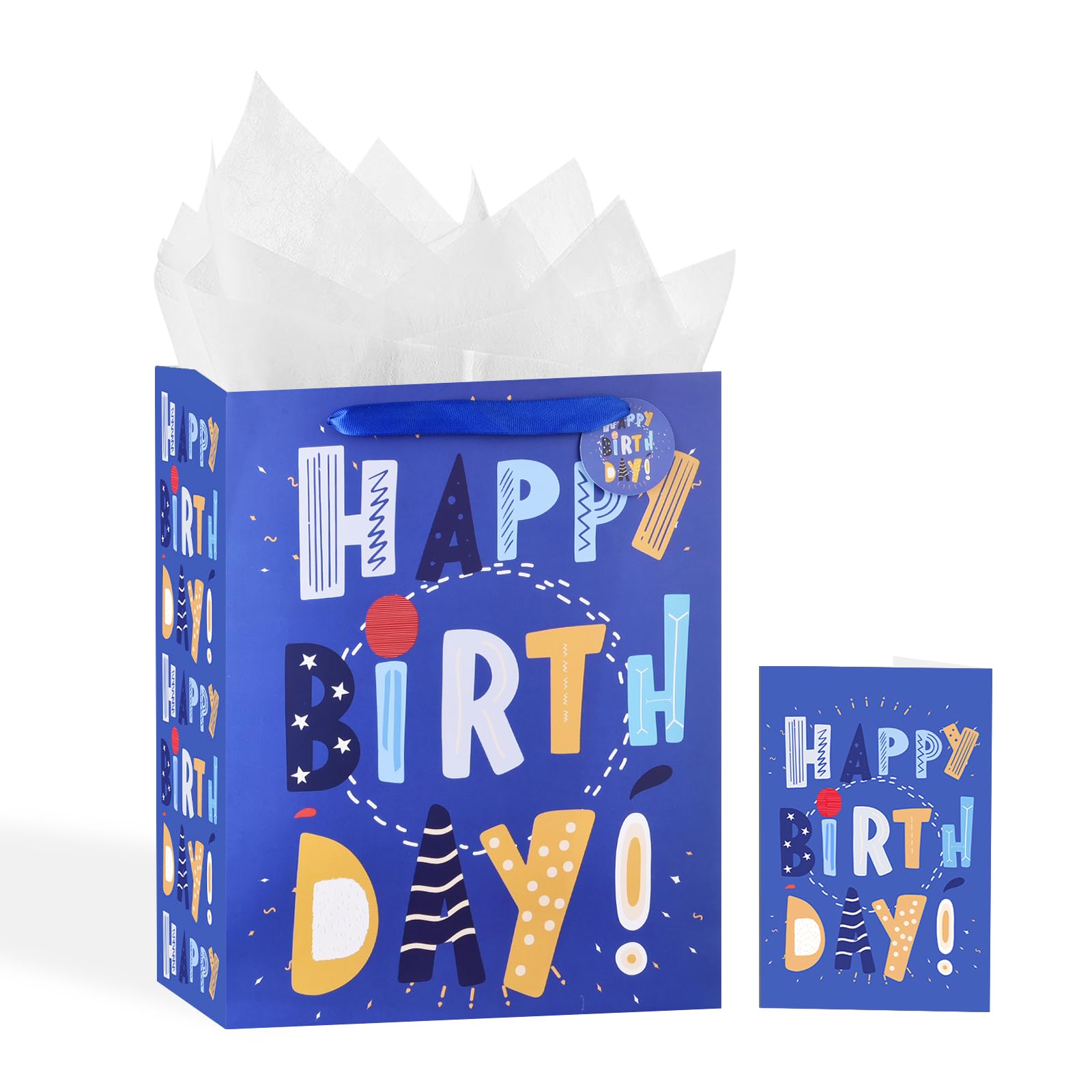 Powbrace 13" Blue Happy Birthday Bag with Tissue Paper and Greeting Card for Party,Happy Birthday Gift Bag for Boys, Girls, Kids, Men Women,Gift Bags Medium size (1 PCS Blue, Gift Bag)