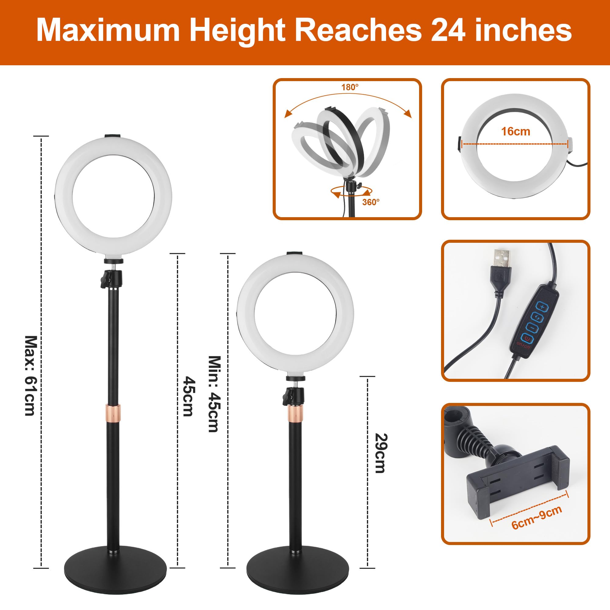 Luce ad anello con treppiede, anello a LED da 6 pollici, con 3 colori di luce e 10 livelli di luminosità, lampada selfie per computer portatile, ideale per videoconferenze, streaming, zoom, Youtube