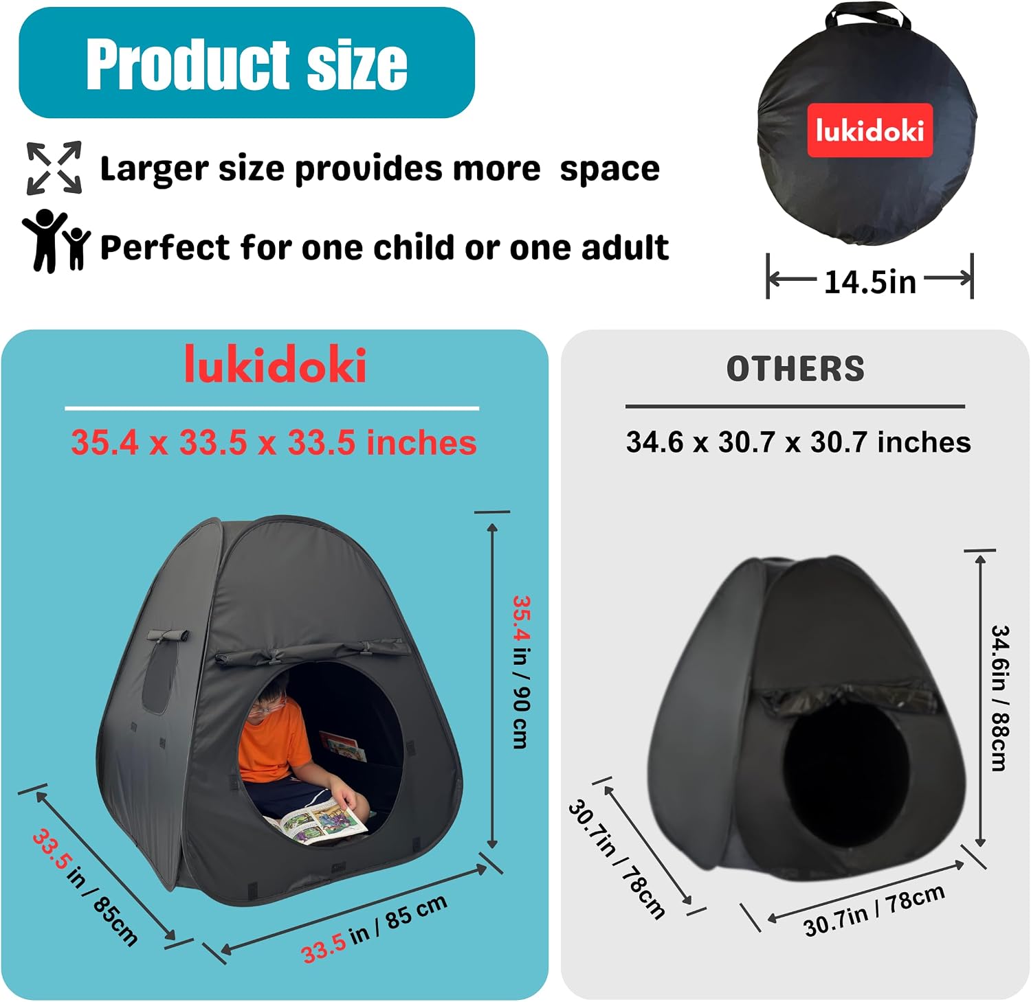 Diagram showing the dimensions of the lukidoki sensory tent compared to other tents.