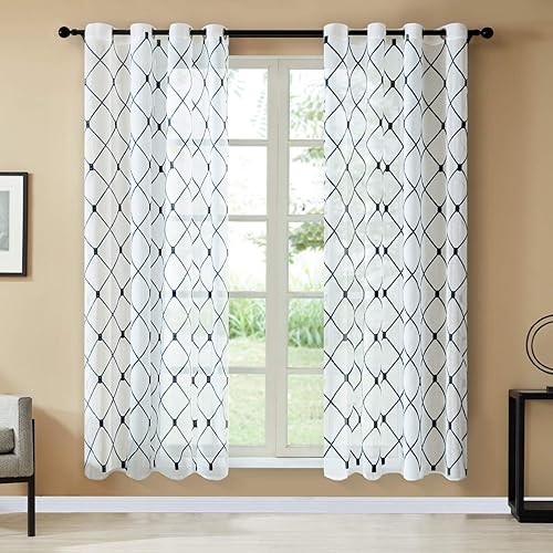 Miniatura 2 de Top Finel - Cortinas de lino sintético translúcidas blancas con bordado de diamante y ojales, 2 paneles de cortina para habitación y sala