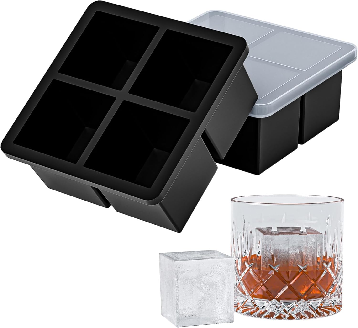 Bangp Large Ice Cube Tray for Whiskey,Silicone Ice Cube Trays 2 Pack,Large Ice Cube Molds with Leak Proof Removable Lid,Square Ice Cube Tray for Whiskey and Cocktail - Thumbnail 4