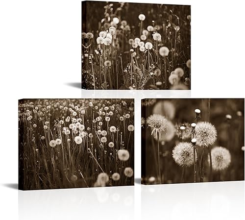 RnnJoile Lienzo decorativo de diente de león para decoración de pared, impresiones de cuadros de diente de león marrón, arte floral vintage,