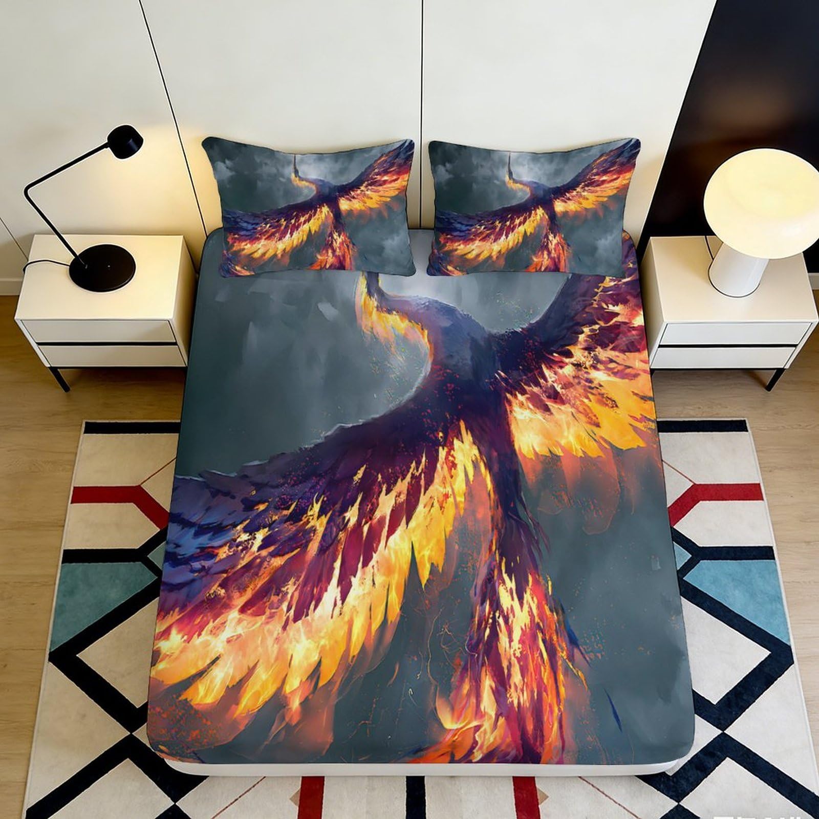 3D Printed Fiery Phoenix Fitted Sheet Microfiber Soft Mattress Cover Flame Bird Bedroom Decor Adult Teen 90x200x25cm