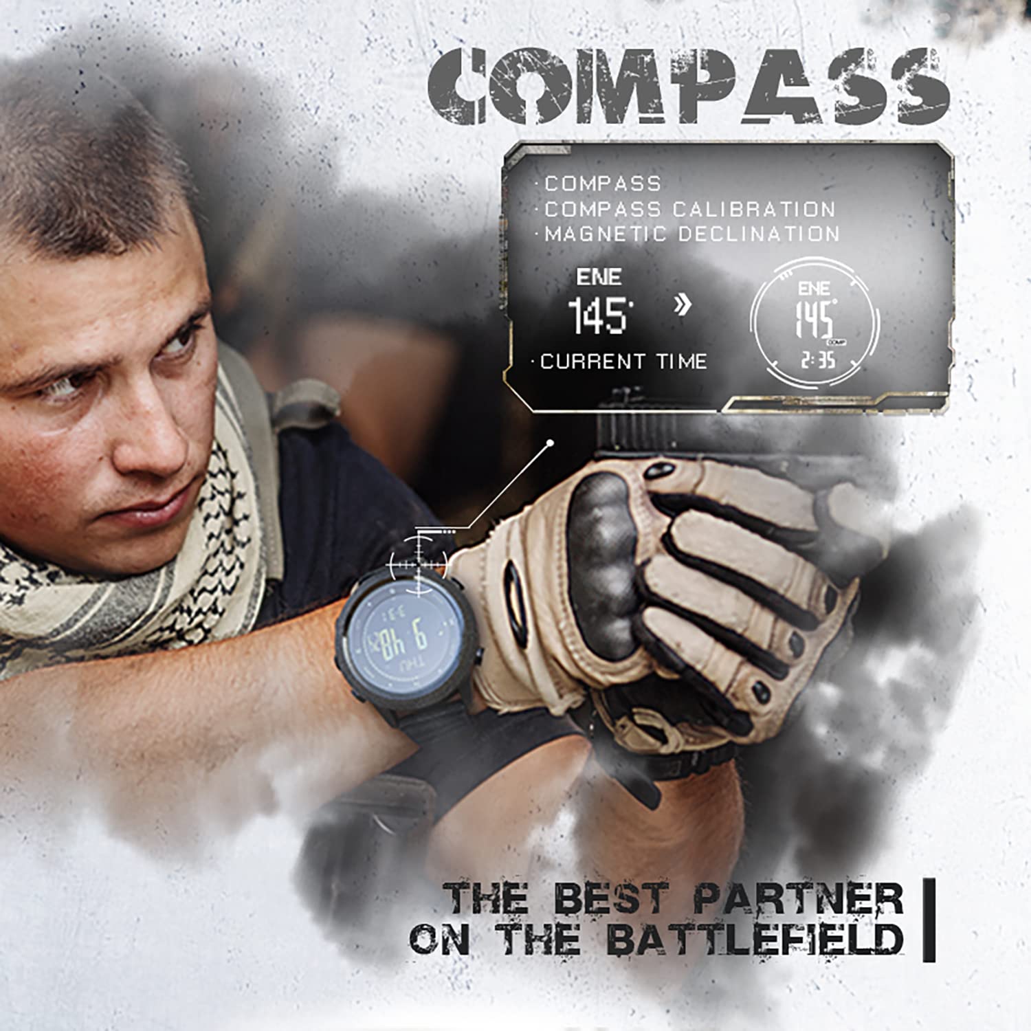 Montre de sport tactique pour homme - Montre numérique de survie militaire avec boussole - Bracelet durable - Traqueur de pas, podomètre, calories, Noir