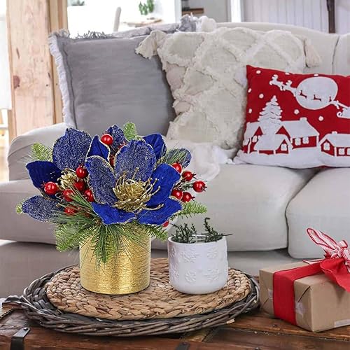 Miniatura 5 de Centro de mesa de Navidad verde de 9 pulgadas, 5 pulgadas, flor de magnolia con purpurina, bayas doradas, abeto, vegetación, centro de mesa