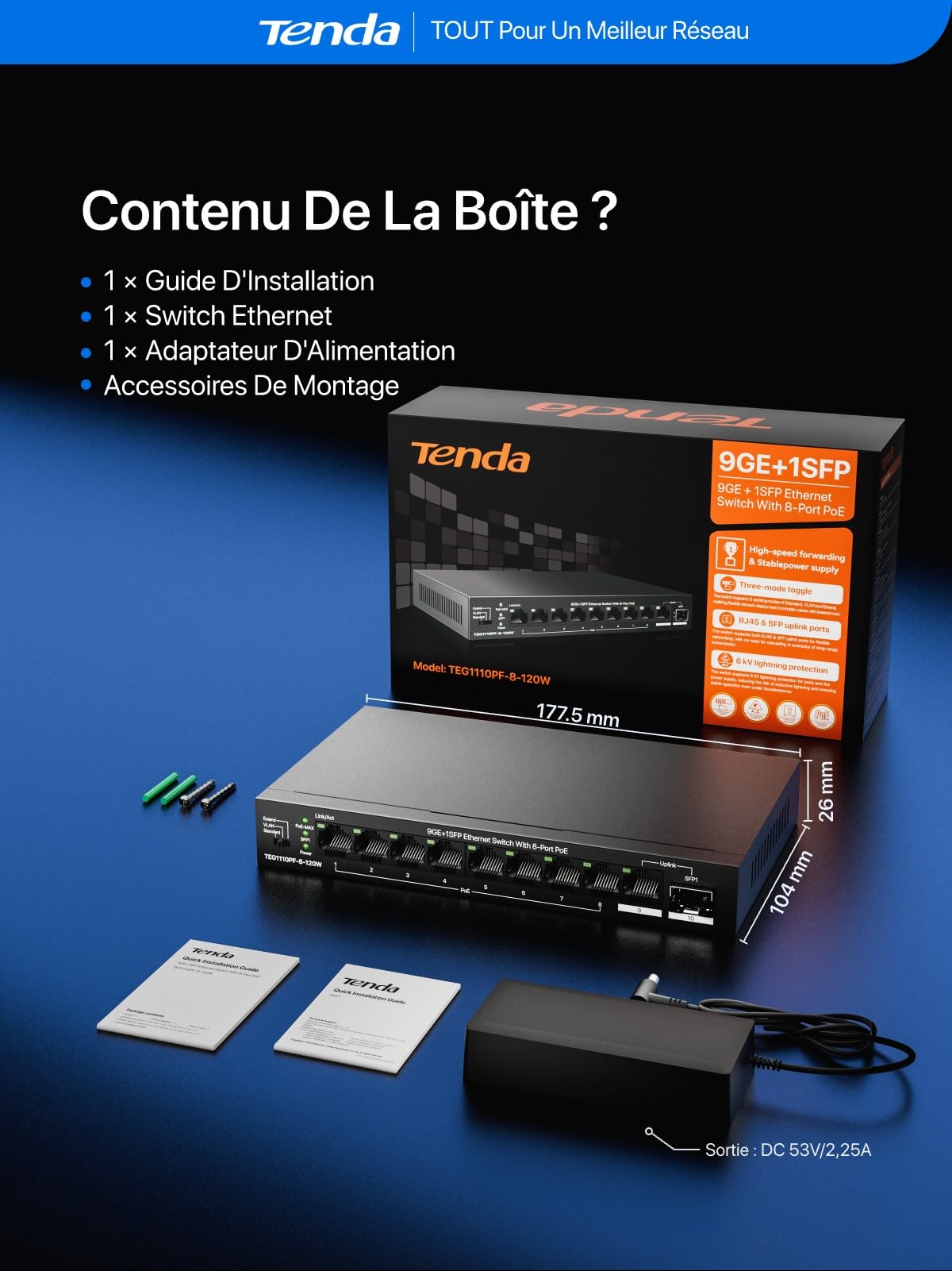 Tenda Switch PoE Gigabit 10 Ports, 8 Ports PoE+, 110 W pour Tous Les Ports PoE, 2 Ports Uplink RJ45 et SFP, VLAN, portée jusqu'à 250 m, Boîtier Métal, Silencieux, Plug-and-Play (TEG1110PF-8-120W)