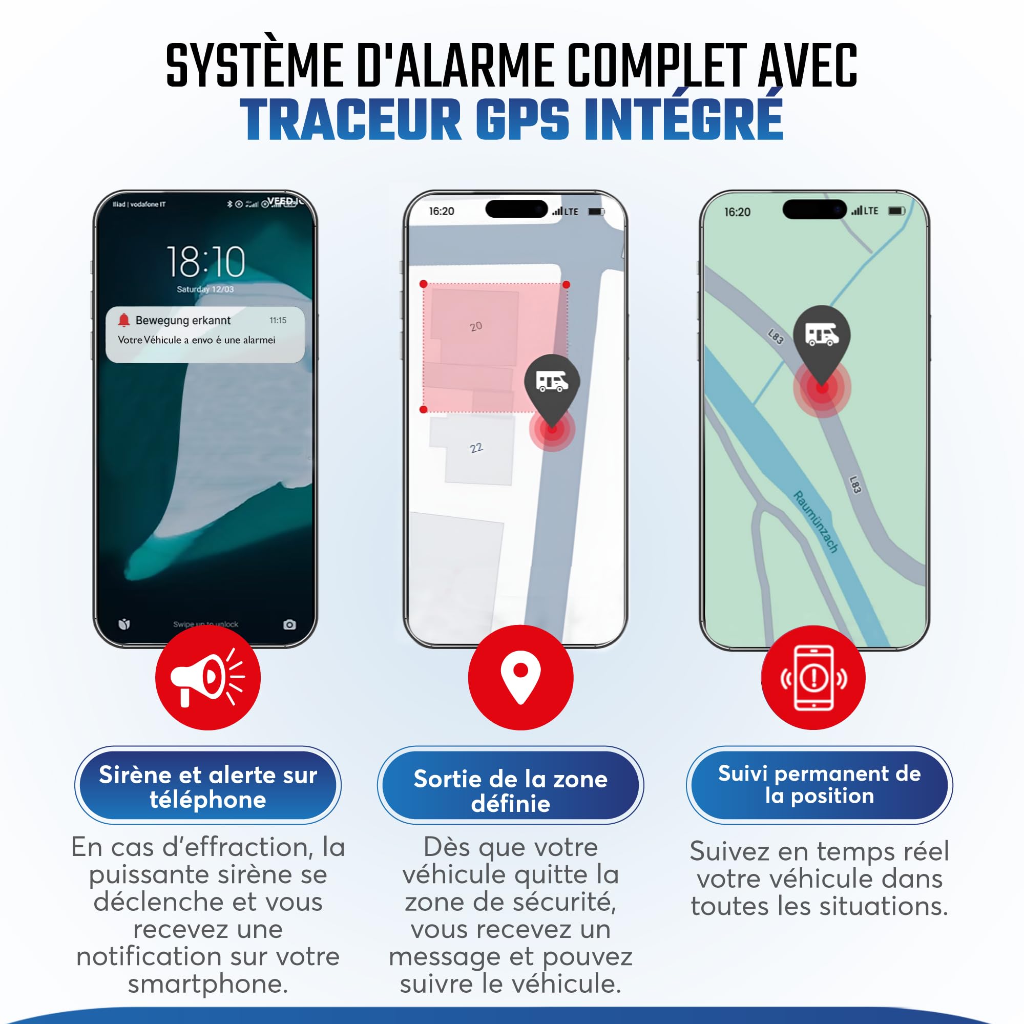 Système d'alarme antivol et Traceur GPS – antivol 110dB - Alarme Universelle de sécurité pour Fourgon, Camping-Car, Van, Voiture, Moto
