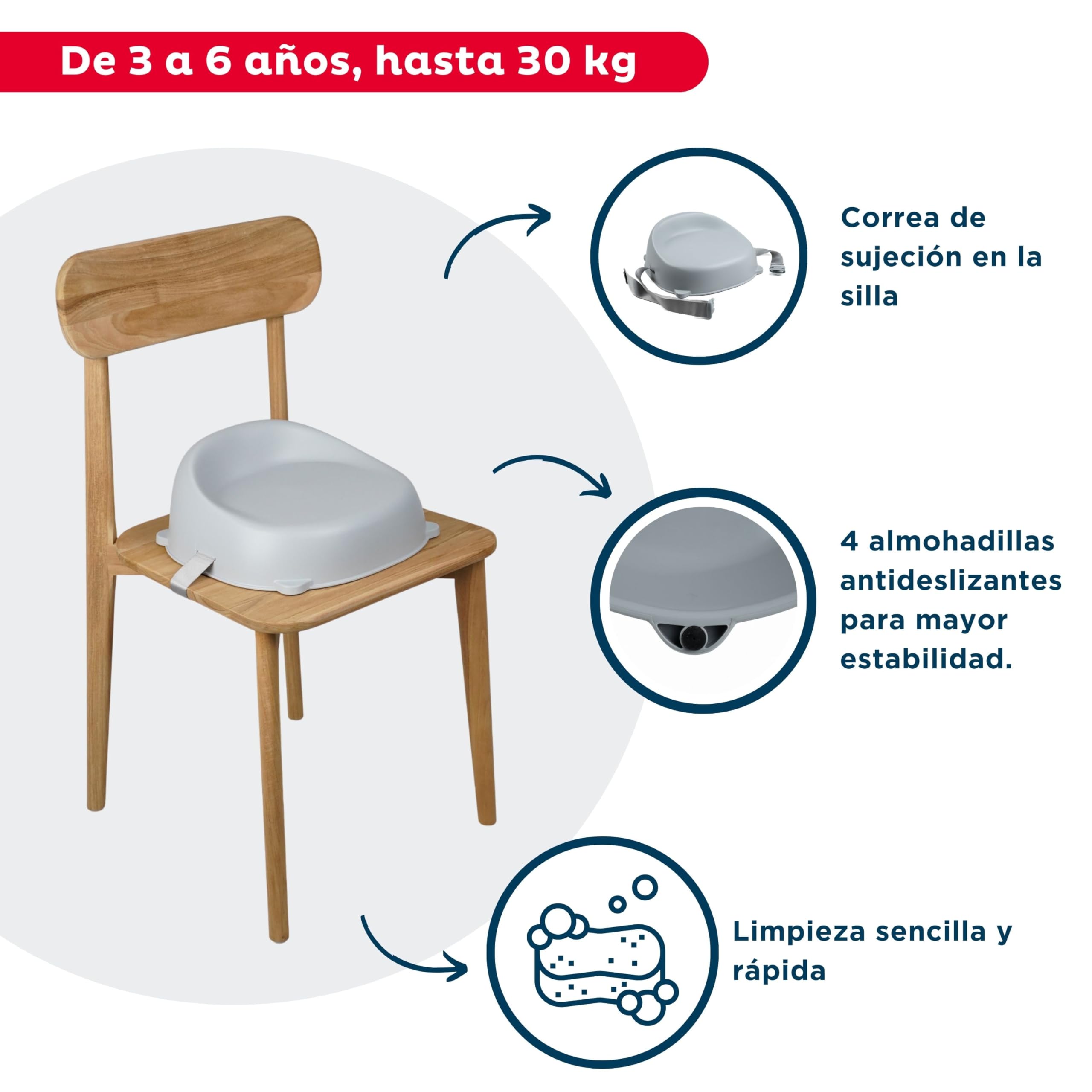 Thermobaby - Elevador de silla EASY - Elevador - Para niños de 3 a 6 años (o hasta 30 Kg) - Cómodo - Ligero y transportable - Fácil de instalar - Gris Charme - Fabricado en Francia