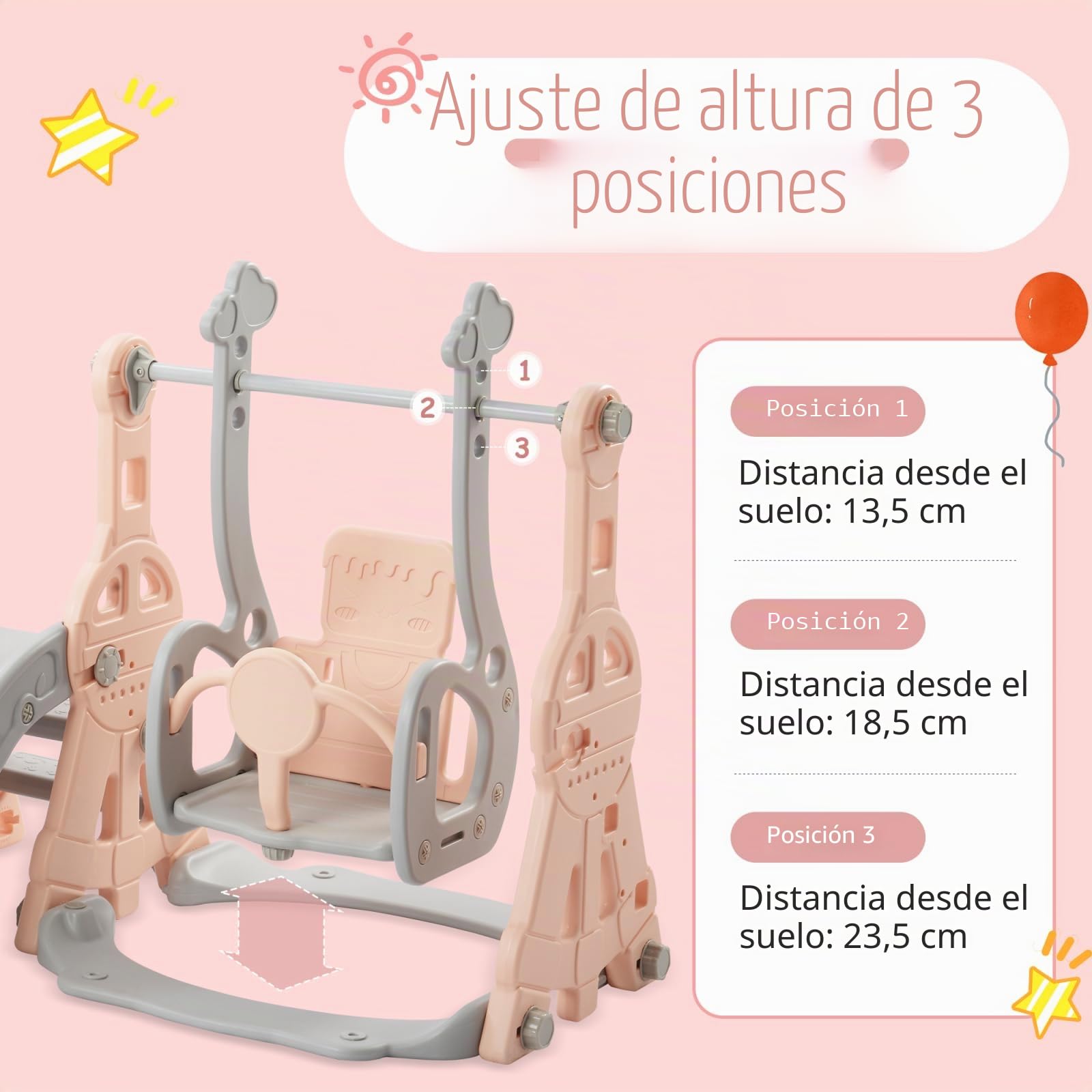 Tobogán infantil 4 en 1, para exteriores, zona de juegos interior para jardín con columpio, canasta de baloncesto y escalera de escalada, para niños de 1 a 6, interior y exterior (rosa)