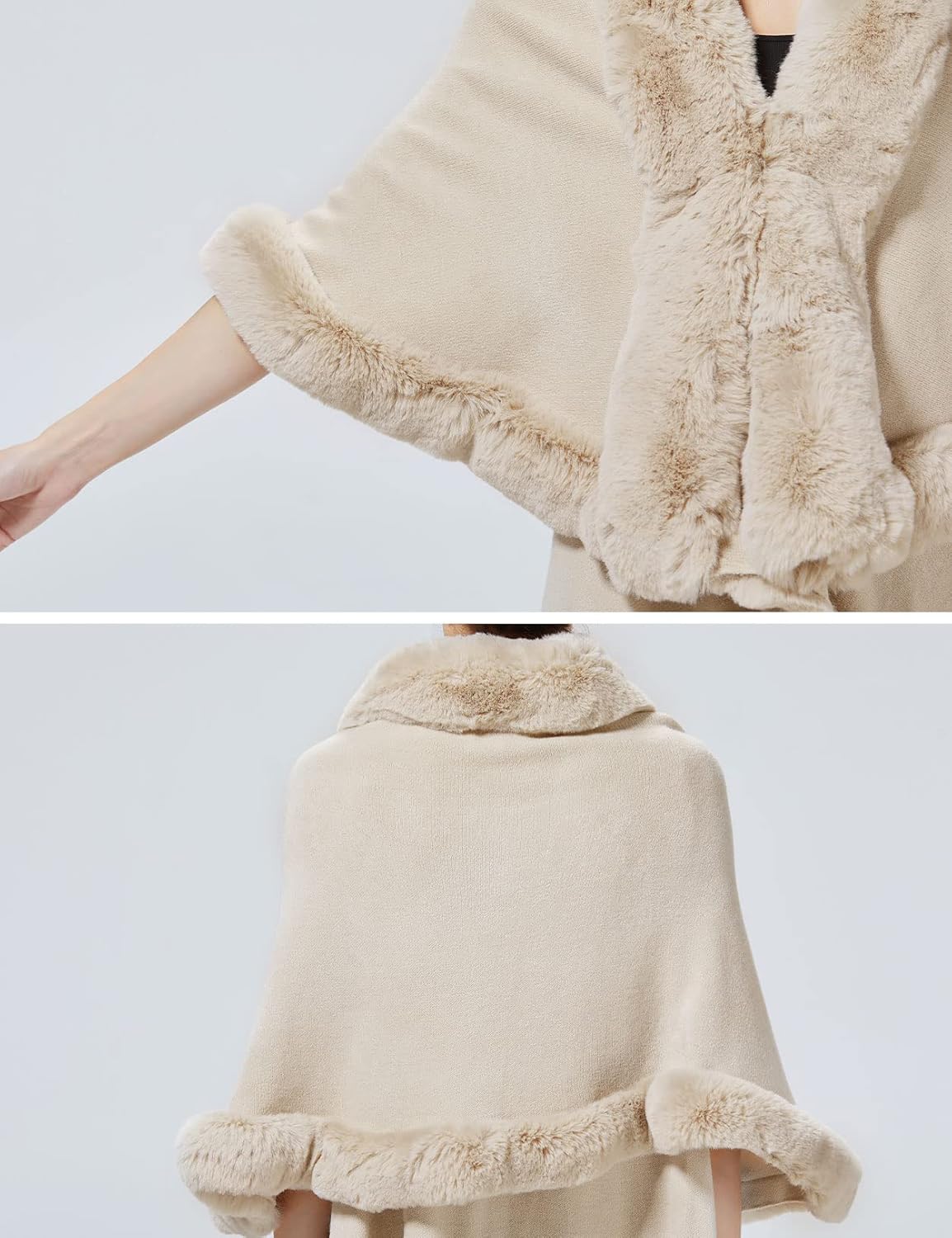 Winter Poncho Shawl Wrap Women Cape Faux Fur Trim Coat Sleeveless Cardigan Dressy Cloak - Image 5