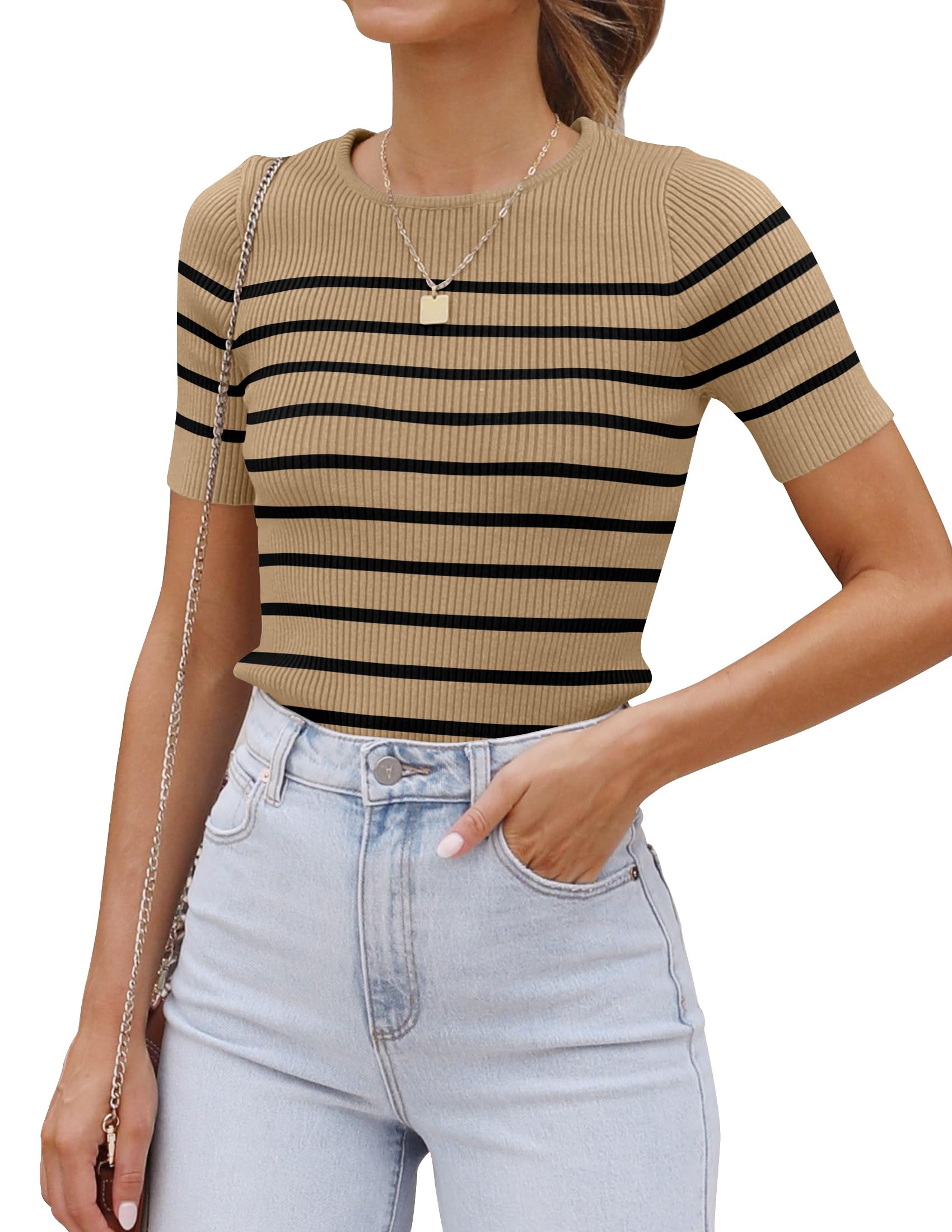 ZESICA Women's Short Sleeve Crewneck Striped T Shirt 2026 Summer Ribbed Knit Slim Fit Casual Basic Tee Tops