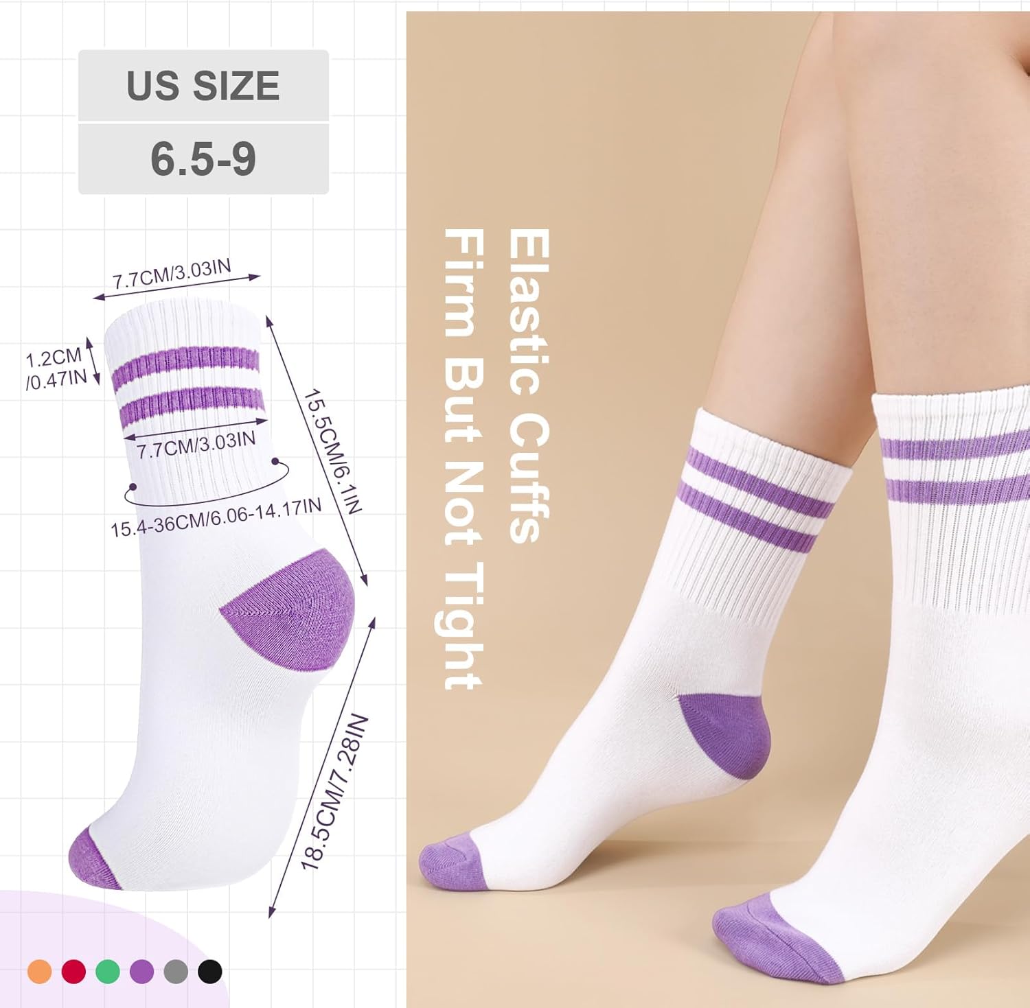 Jspupifip 6 Pairs Striped Crew Socks for Women, Splicing Color Athletic Sports Running Socks, Soft Breathable Calf Tube Sock - Image 7