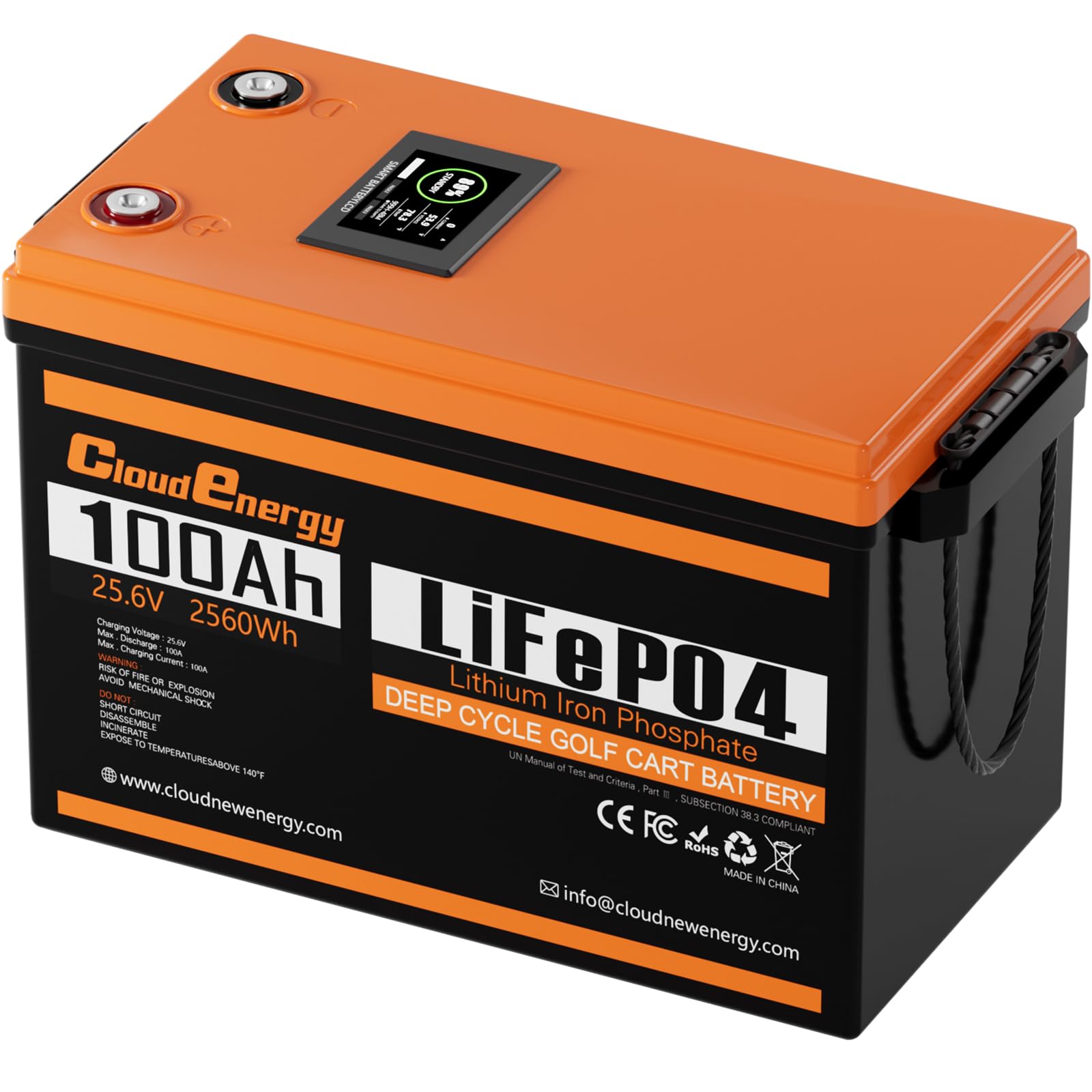 Cloudenergy 25,6 Volt 100Ah LiFePO4 Batteria al litio ferro fosfato con capacità di 2560 Wh, BMS Bluetooth da 100Ah con touchscreen e oltre 6000 cicli per camper, barche e campeggi.