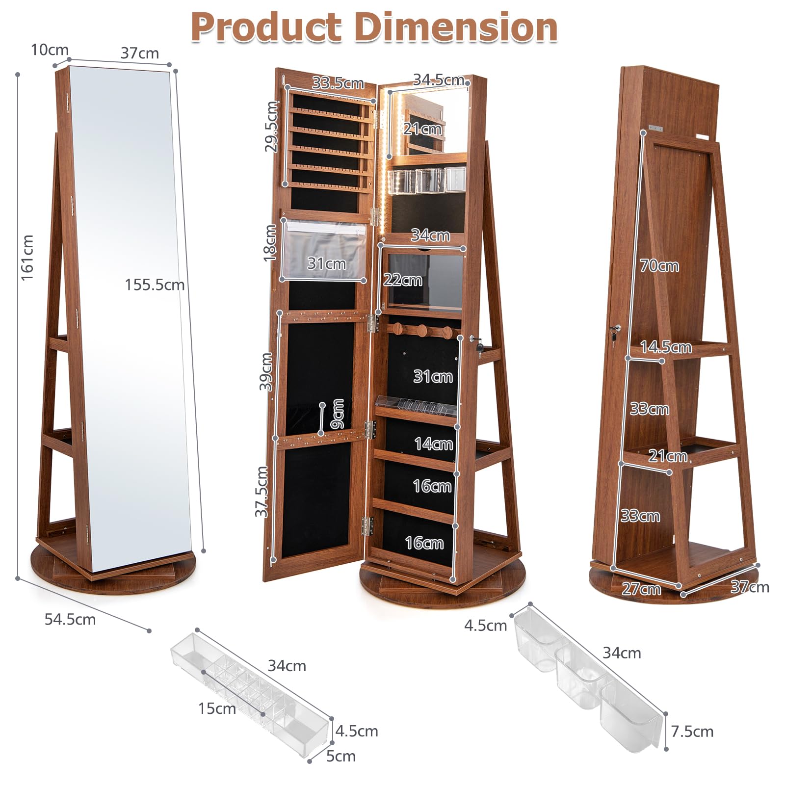 HOMASIS 3 in 1 Schmuckschrank mit Ganzkörperspiegel, 360 ° drehbarer Spiegel mit Schloss, Schmuckaufbewahrung mit LED-Lichtern, Make-up-Organizer mit Ablagen auf der Rückseite (Braun)