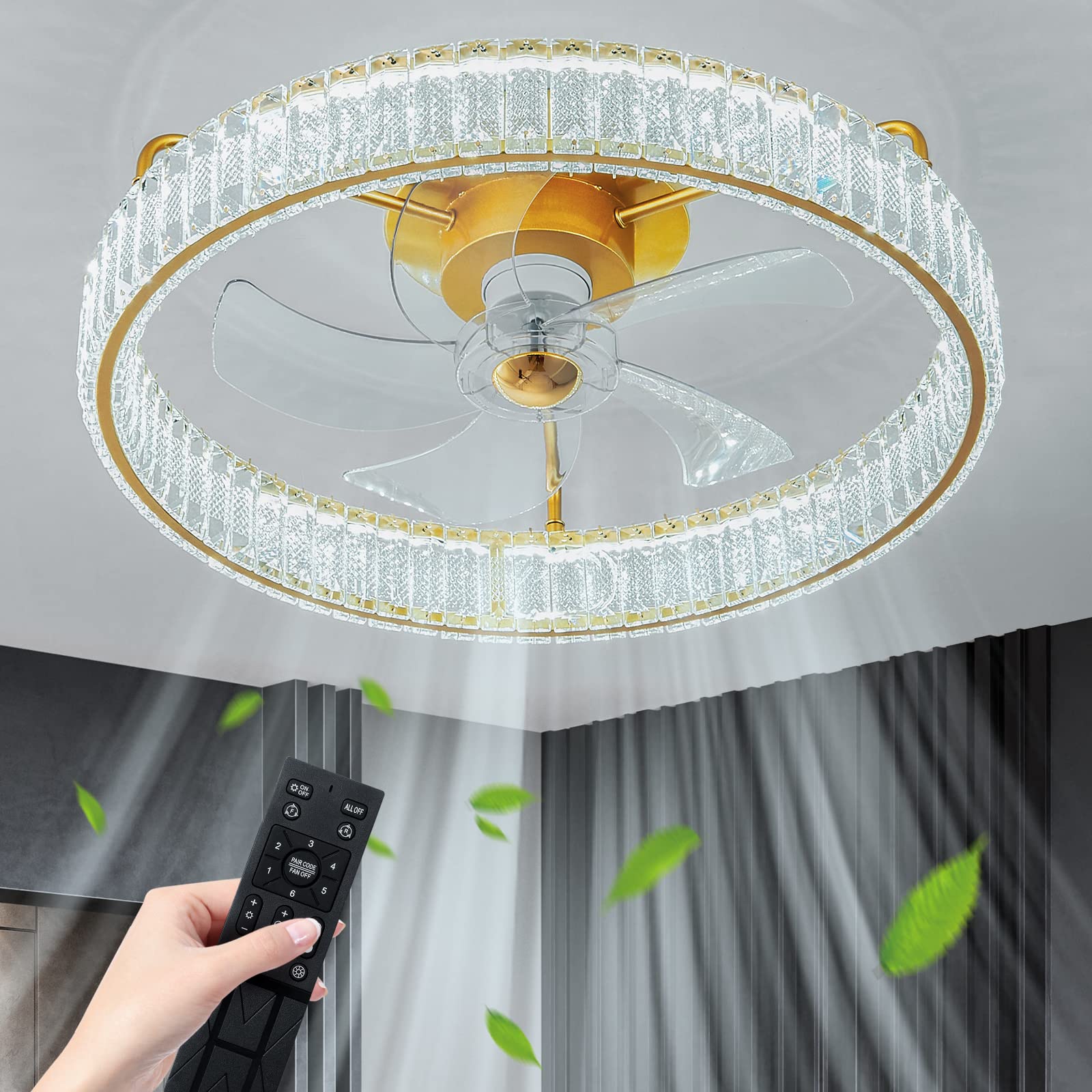Photo 1 of FDPBY 21.6Inch Flush Mount Crystal Ceiling Fan Light,Modern Enclosed Bladeless Ceiling Fan with Remote Control,Dimmable 3 Color 6 Speeds Ceiling Fan Lights for Bedroom, living room, dining room (Gold) Gold-21.6 Inch