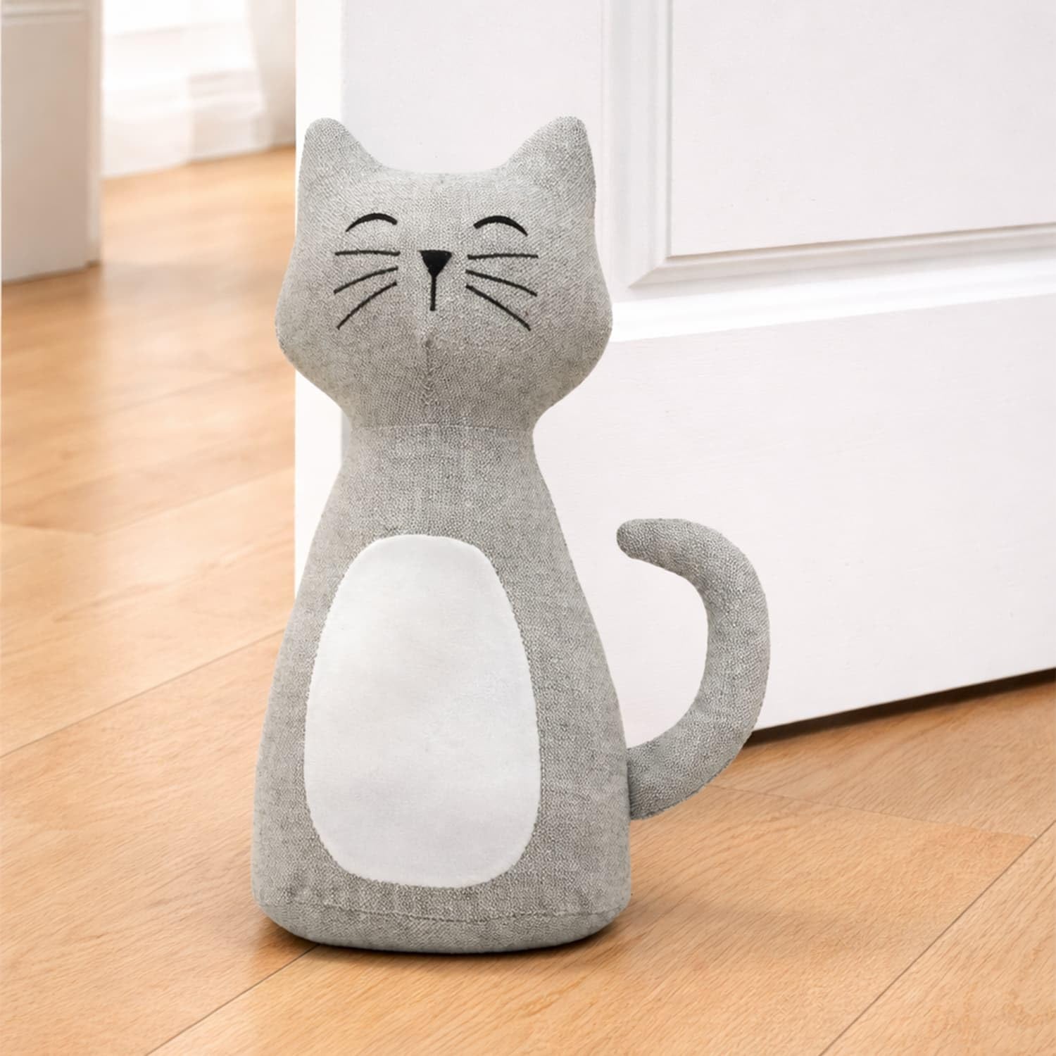 CKB LTD Fabric Door Stopper – Heavy 1.3kg Weighted Interior Decorative Door Stop - Non-Scratch Floor Door Holder for Home, Office Carpet & Hard Floors (Grey Cat)
