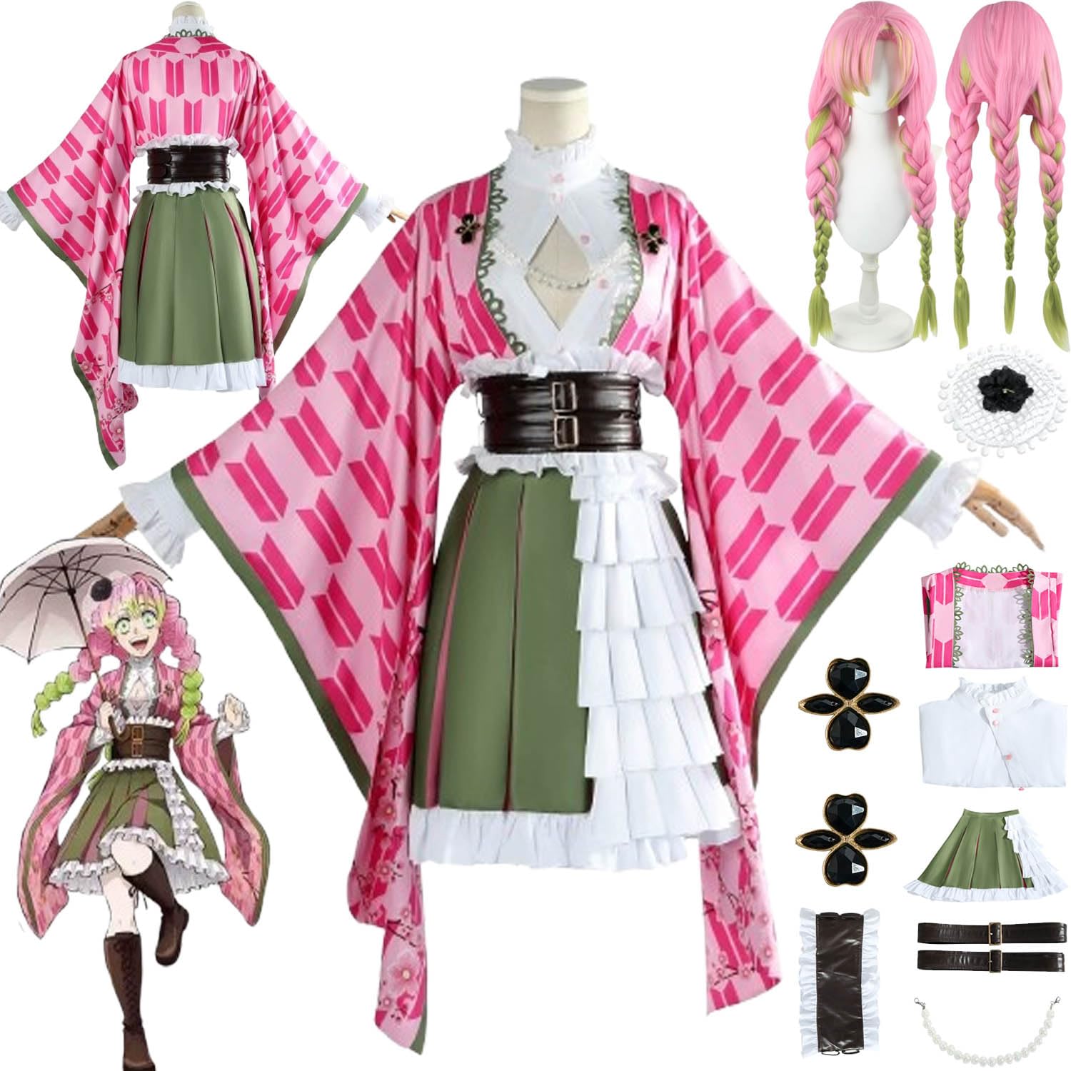 bbganlian Anime Character Kanroji Mitsuri 5th Anniversary Cosplay Costume Outfit Role Play Uniform Full Set Halloween Party Carnival Dress Up Suit with Wig Headdress for Women (S)