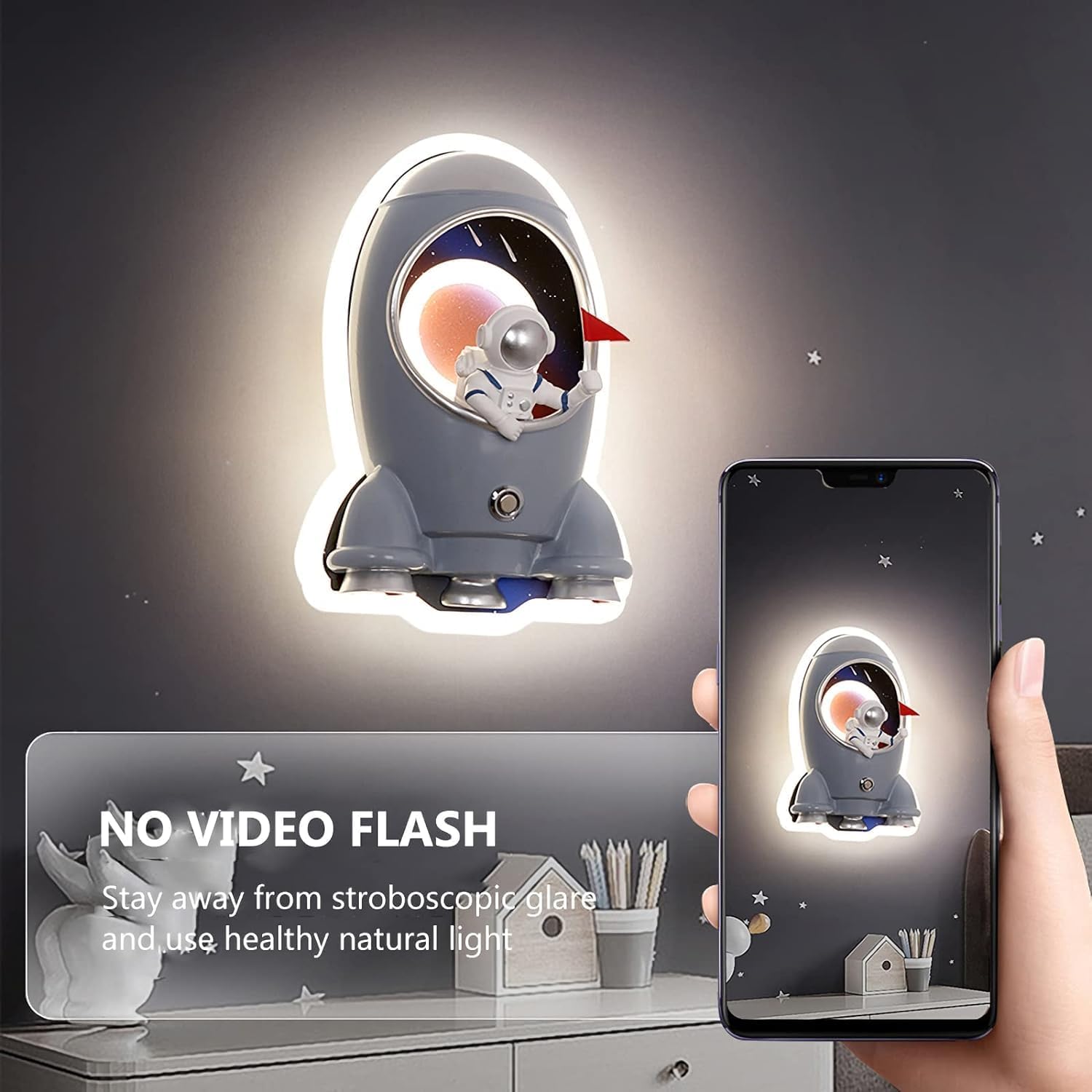 Fun Kids Room Lights for Bedroom Wall LED Dimmable Wall Sconce Spaceship Rocket Astronaut Wall Light Modern Wall Mounted Lamp for Boys Girls Bedside Children Nursery Kindergarten