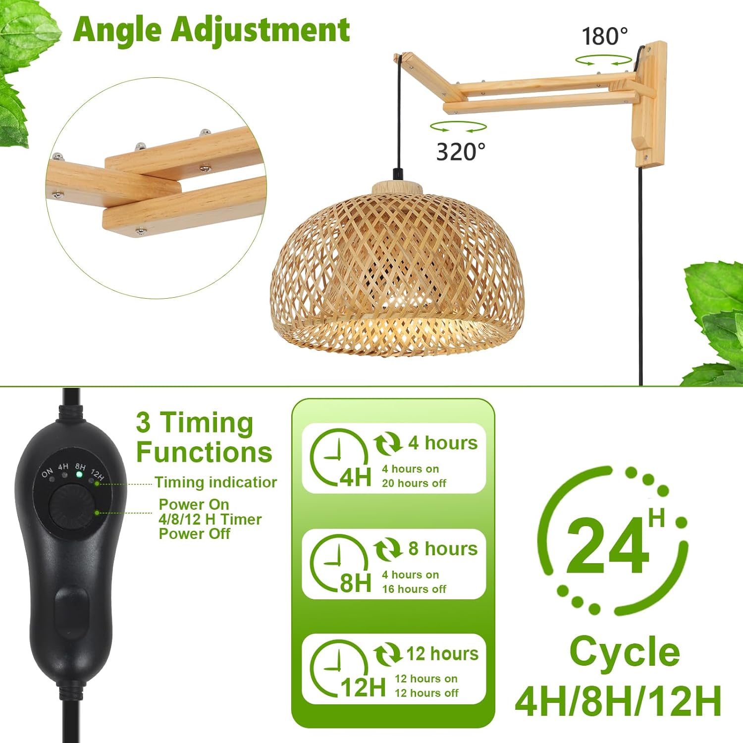 HMVPL Hanging Grow Lights for Indoor Plants Full Spectrum, Boho Plant Lights for Indoor Growing with 20W COB Grow Light Bulb, Bamboo Wall Mounted Grow Light with Swing Arm, Timer for Large Small Plant - Image 3