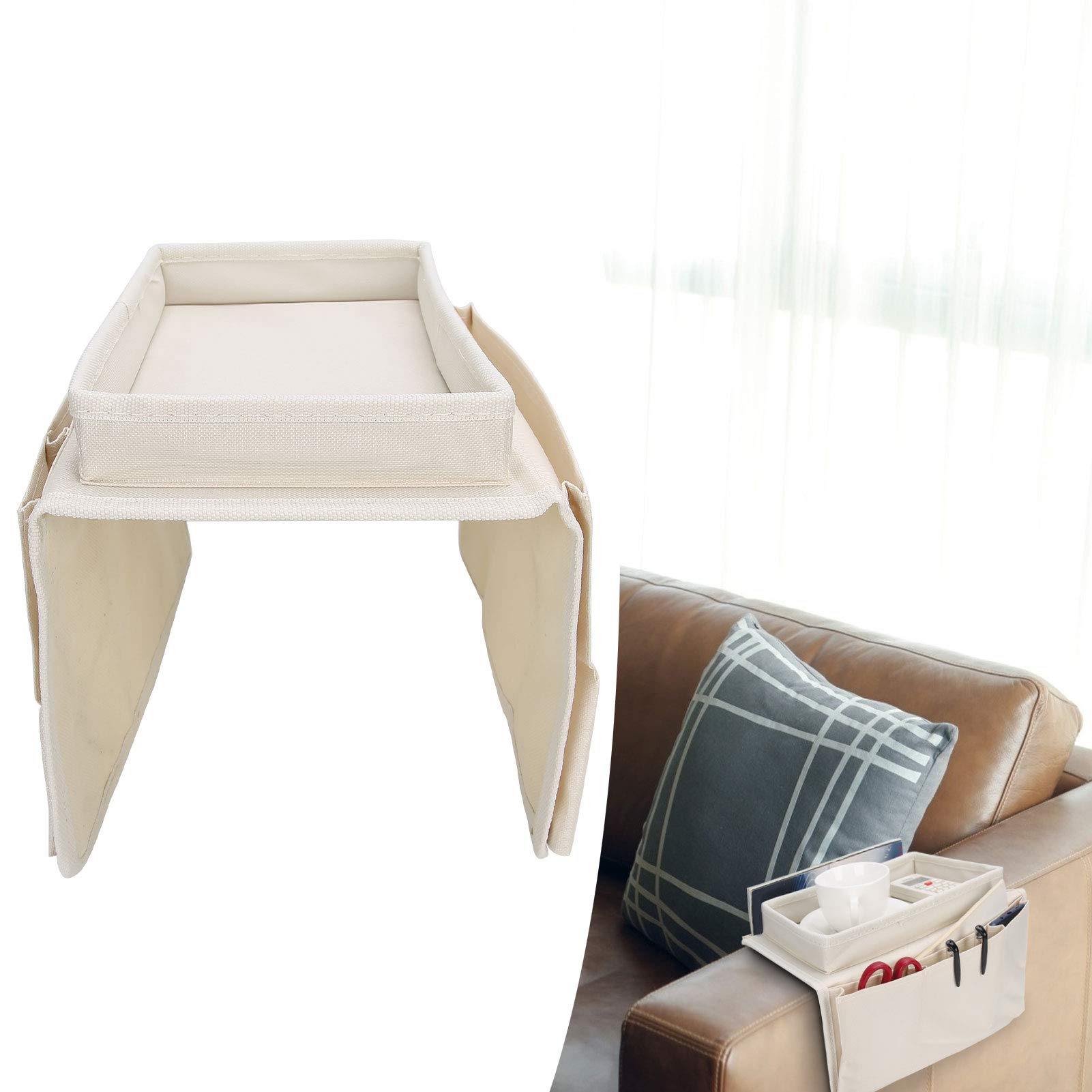 Portaoggetti per bracciolo del divano, Antiscivolo Porta Caddy Supporto per Sedia con 5 Tasche, Vassoio da Divano Multifunzionale per Telecomando, Borsa Appendere Braccioli Divano per Riviste(Beige)