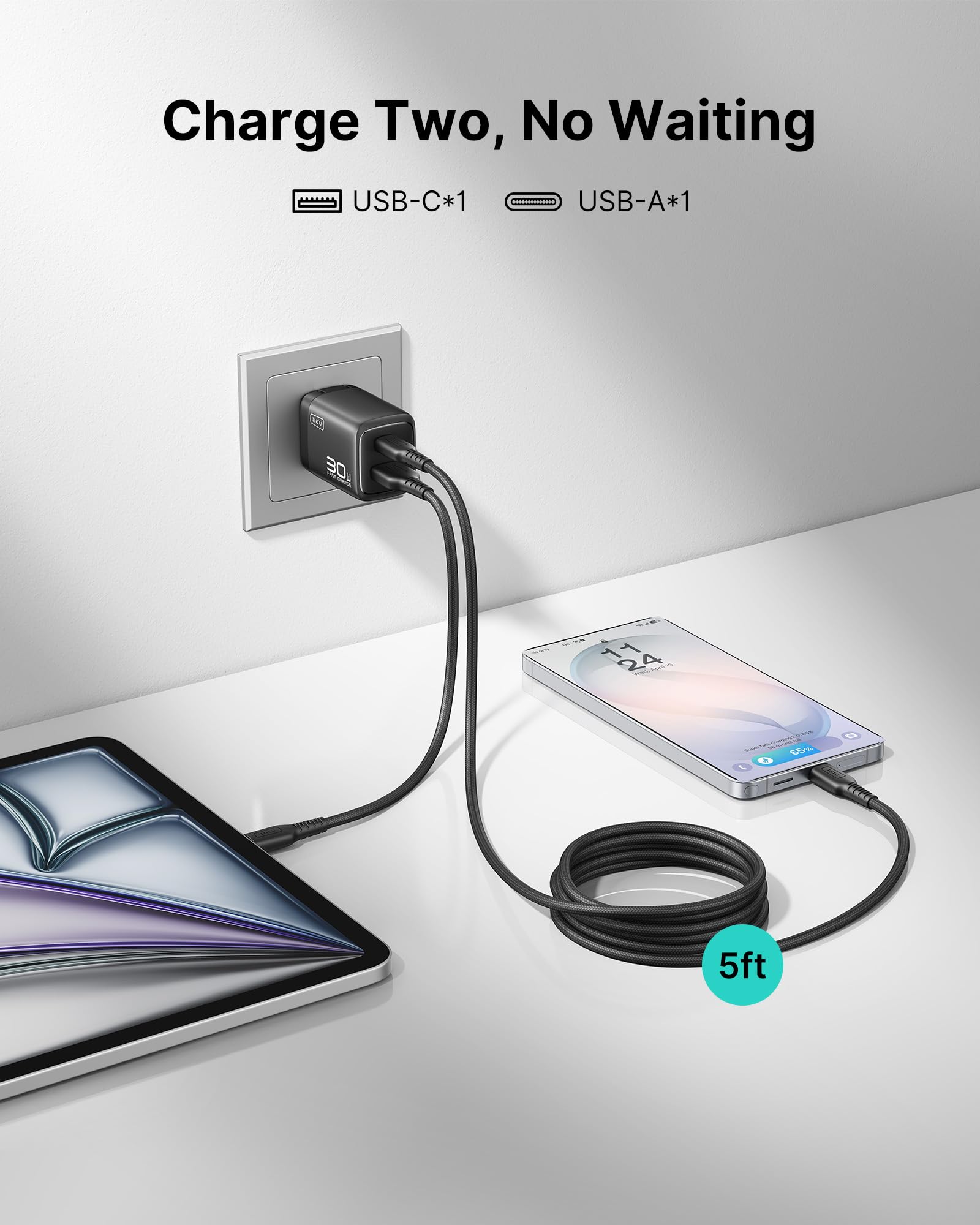 The INIU 30W 2-pack charger's compact design, featuring both USB-C and USB-A ports.