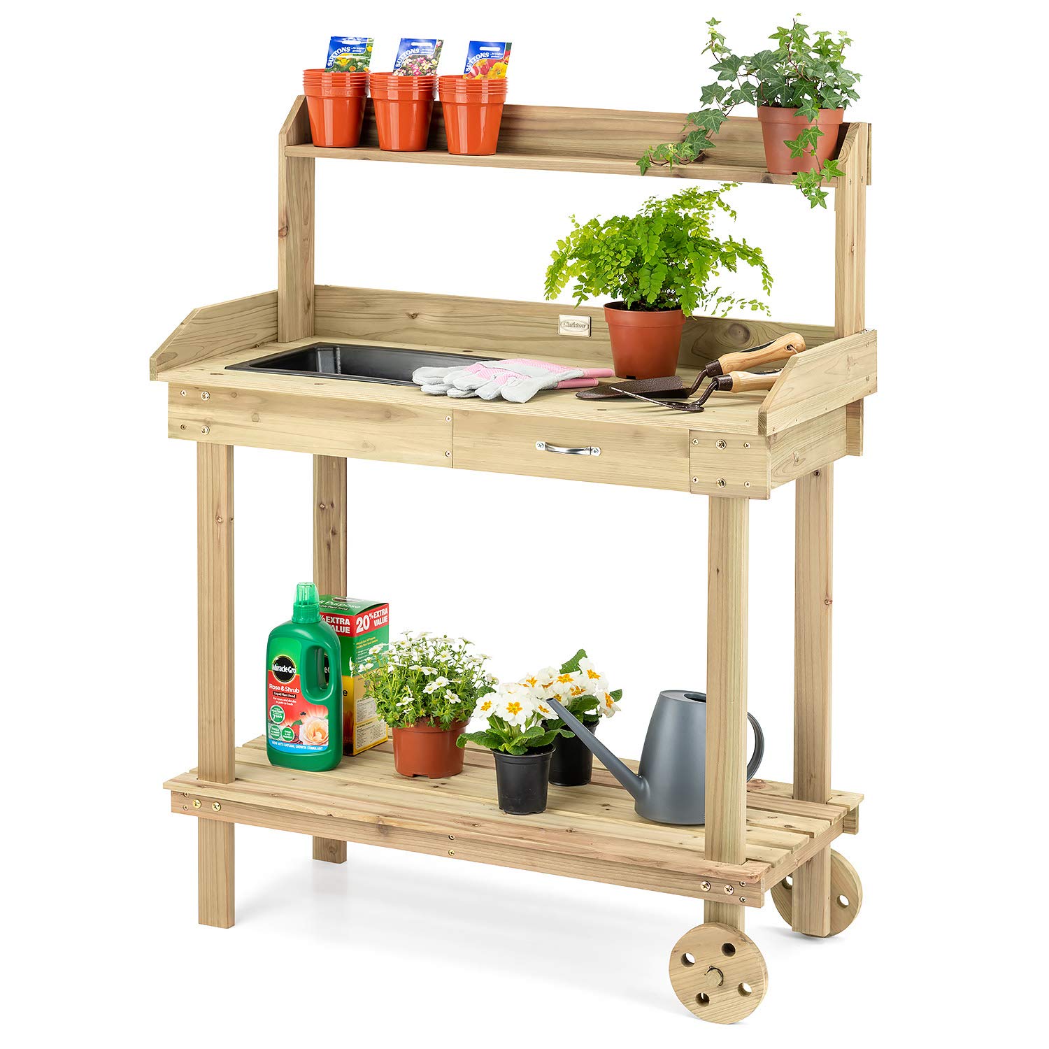 CHRISTOW Garden Potting Table Wooden Work Bench With Wheels, Drawer