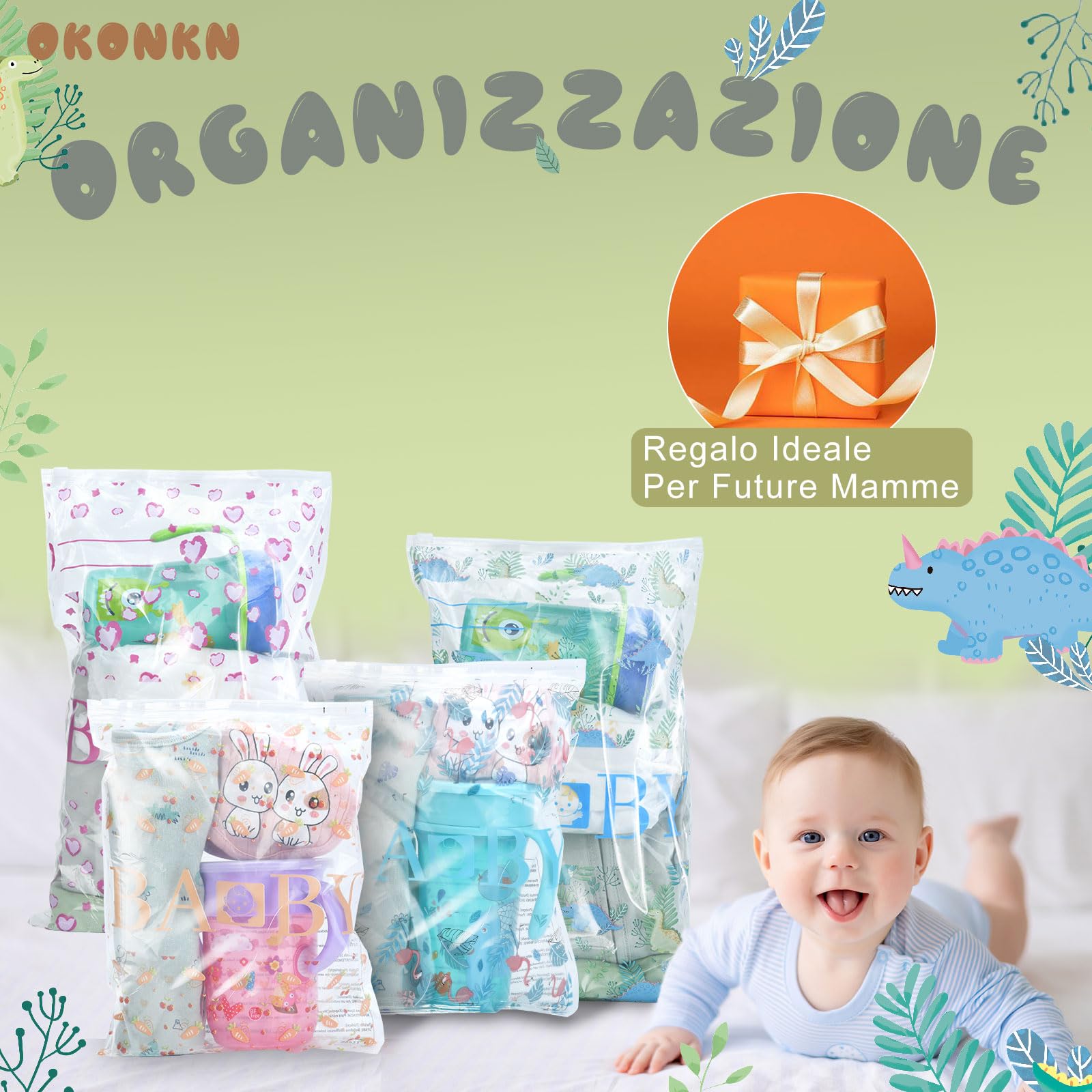 OKONKN 15 bustine corredino neonato ospedale (10 Grandi e 5 Piccole)-Sacchetti Cambio Neonato Ospedale Riutilizzabili per Asilo e Viaggi - Idea Regalo per Future Mamme (Dinosauro/Flamingo)