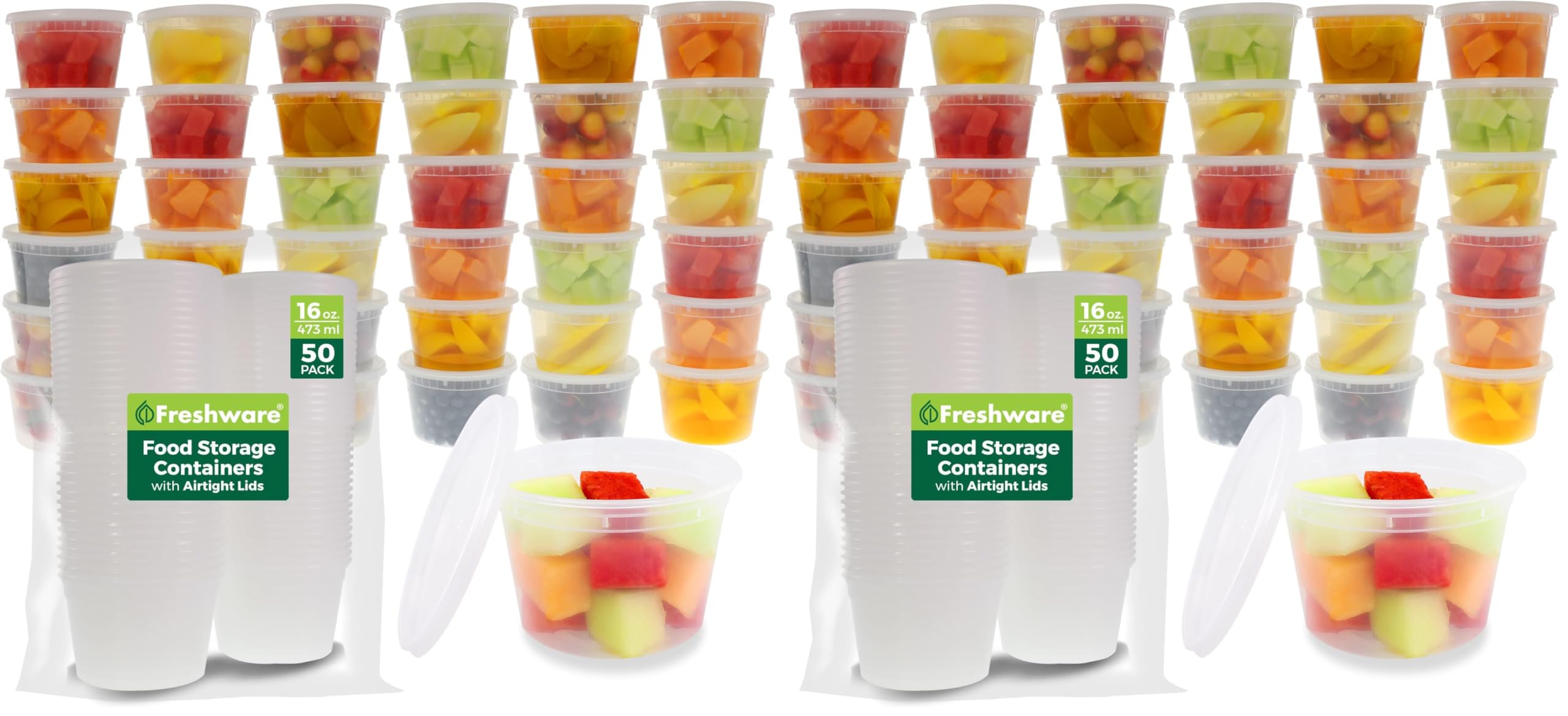 Freshware Food Storage Containers [50 Set] 16 oz Plastic Deli Containers with Lids, Slime, Soup, Meal Prep Containers | BPA Free | Stackable | Leakproof | Microwave/Dishwasher/Freezer Safe (Pack of 2) 16 oz - 50 Set One Size (Pack of 2)