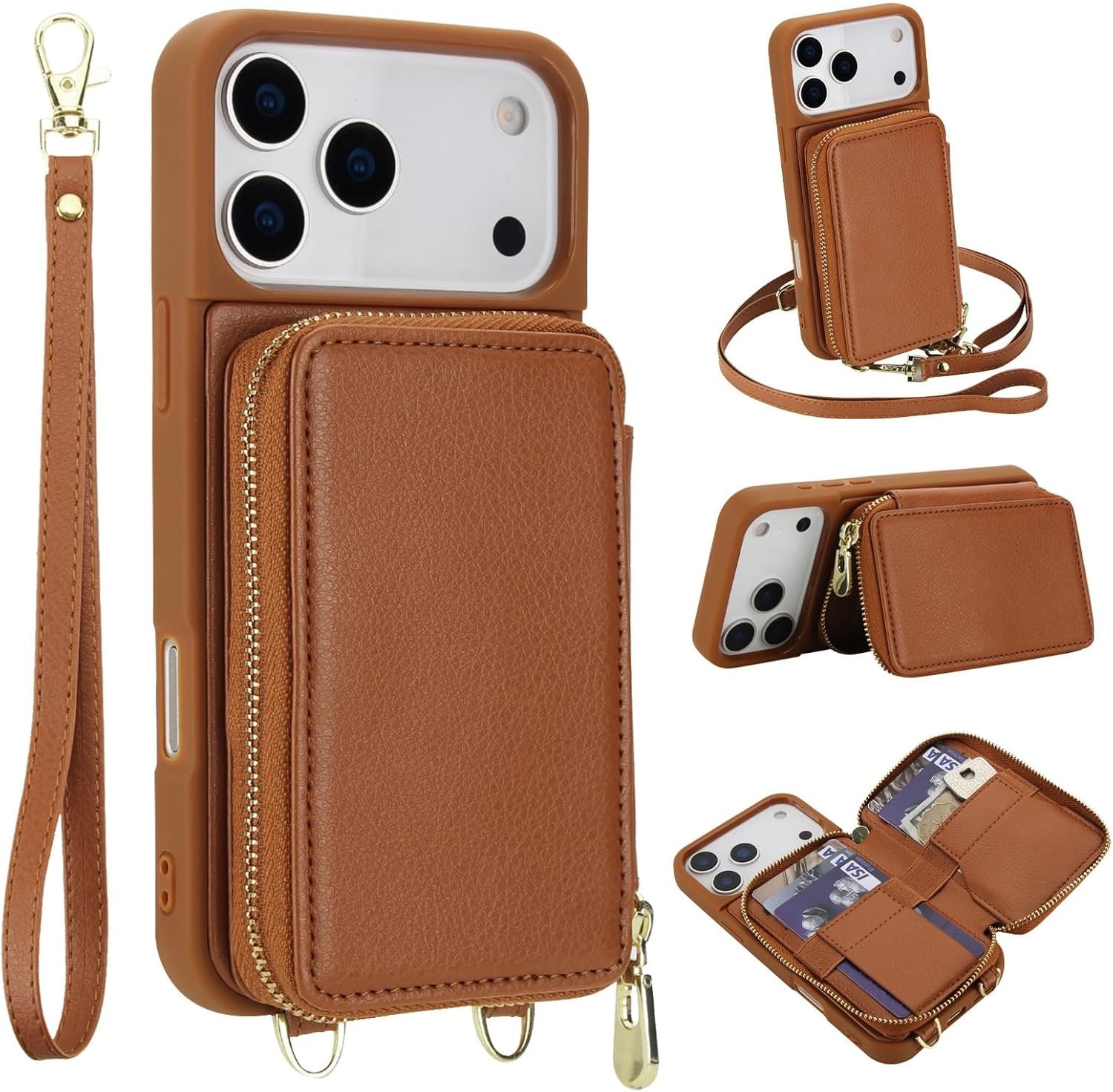 Crossbody Wallet Case for iPhone 17 6.3"/6.5"/6.9",RFID Blocking PU Leather Zipper Handbag Purse Flip Cover Cases with Card Slots,Wrist Strap Lanyard (Brown, for iPhone 17 Pro Max 6.9", iPhone 17)