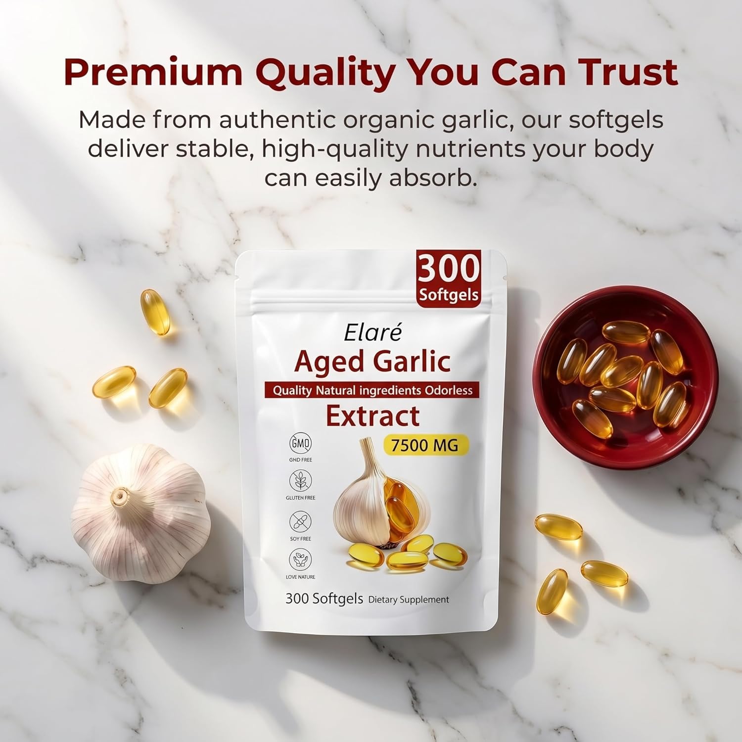 Elare Aged Garlic Extract - Odorless, Organic Garlic Extract Capsules | Heart & Immune Antioxidant Supplements, Vegetarian, All-Natural, Non-GMO, 300 Softgels