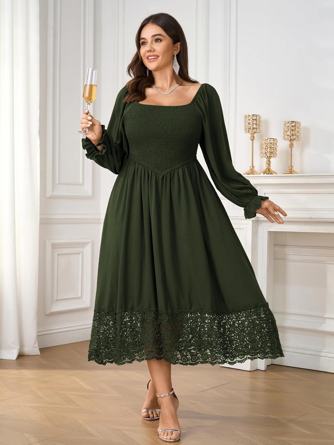 Women's Plus Size Maxi Dress Long Sleeve Square Neck Smocked Flowy A-Line Lace Trim Wedding Guest Dresses - Image 3