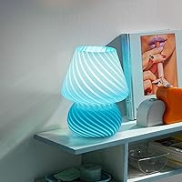 Vista 6 de ONEWISH Mushroom Lamp, Small Table Lamp with Sea Blue Striped Glass, Nightstand Lamp Bulb Included