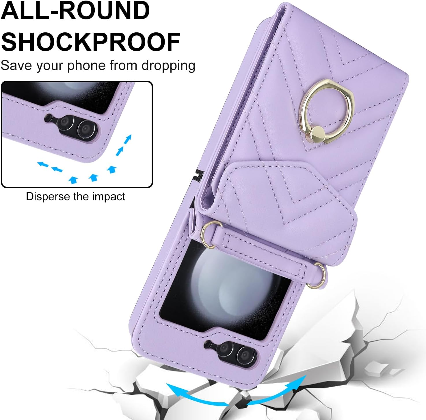 Asuwish Phone Case for Samsung Galaxy Z Flip 5 5G 2023 Wallet Cover with RFID Blocking Ring Crossbody Wrist Strap Stand Credit Card Holder Cell Accessories ZFlip5 Z5 G Flip5 5Z Women Men Girls Purple