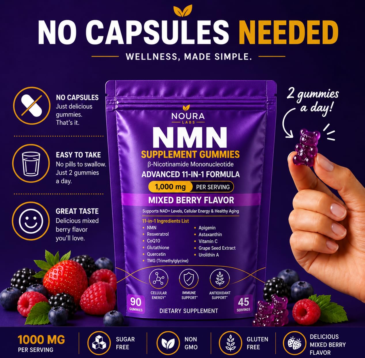 NMN 1000mg Gummies, NAD+ Supplement, Mixed Berry, 90 Count — Amazon image 5