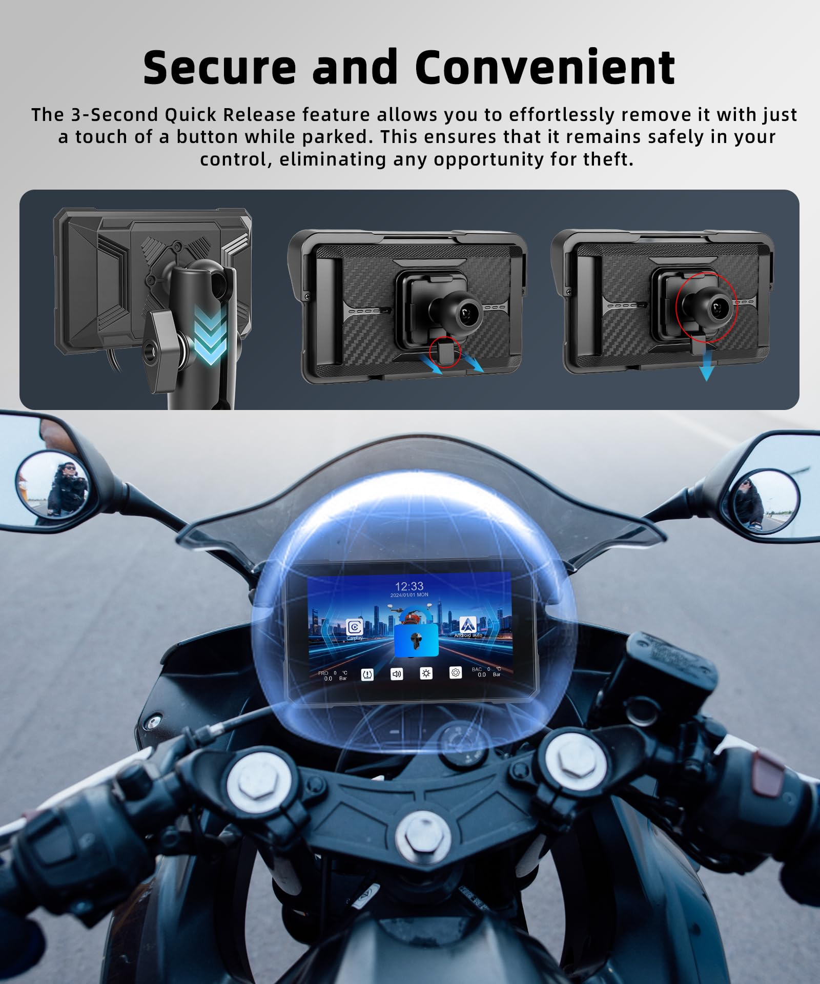 CarPlay Wireless per moto 5 pollici IPS Touchscreen Wireless Android Auto, touch screen impermeabile portatile Car Play, GPS CarPlay per moto, controllo vocale di sicurezza, controllo della pressione