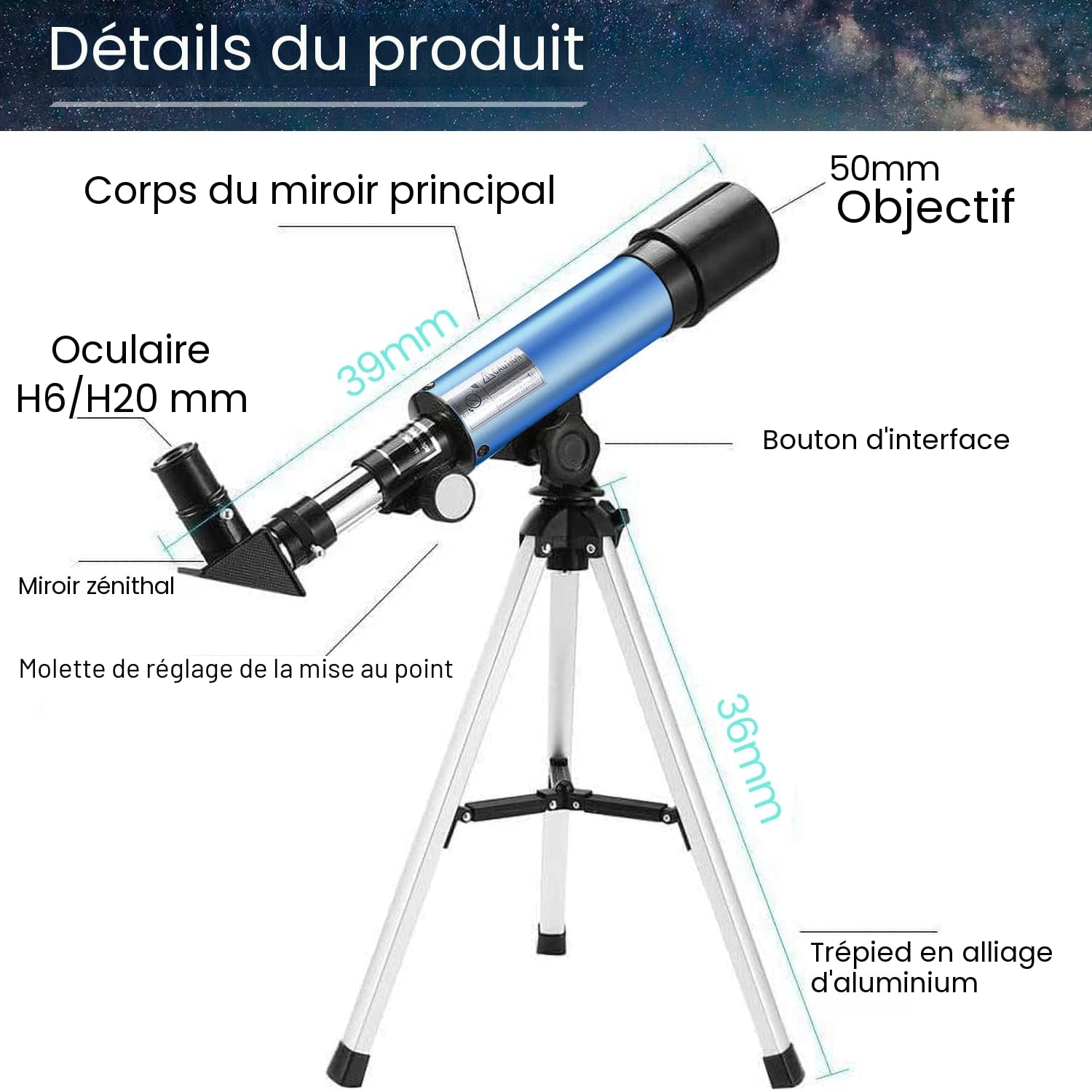 Télescope pour astronomie 60/900 Zoom HD avec Trépied en Alliage d'aluminium