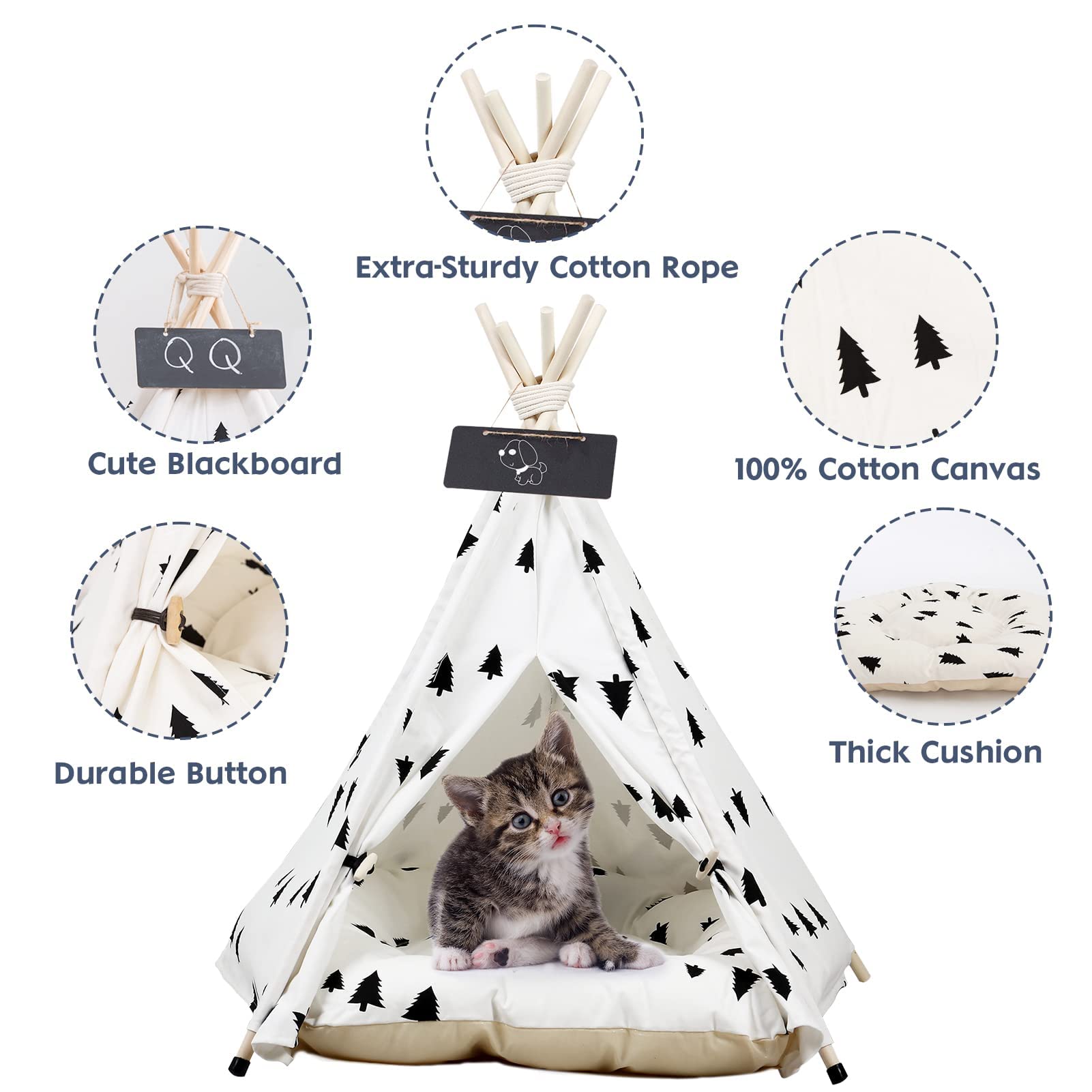 Tente de Tipi pour Chien Animaux De Compagnie Teepee Tente avec Coussin Amovible et Lavable Niche Chien et Chat Intérieur Tente de Jeu pour Chien de Compagnie avec Tableau Noir 50x50x60cm