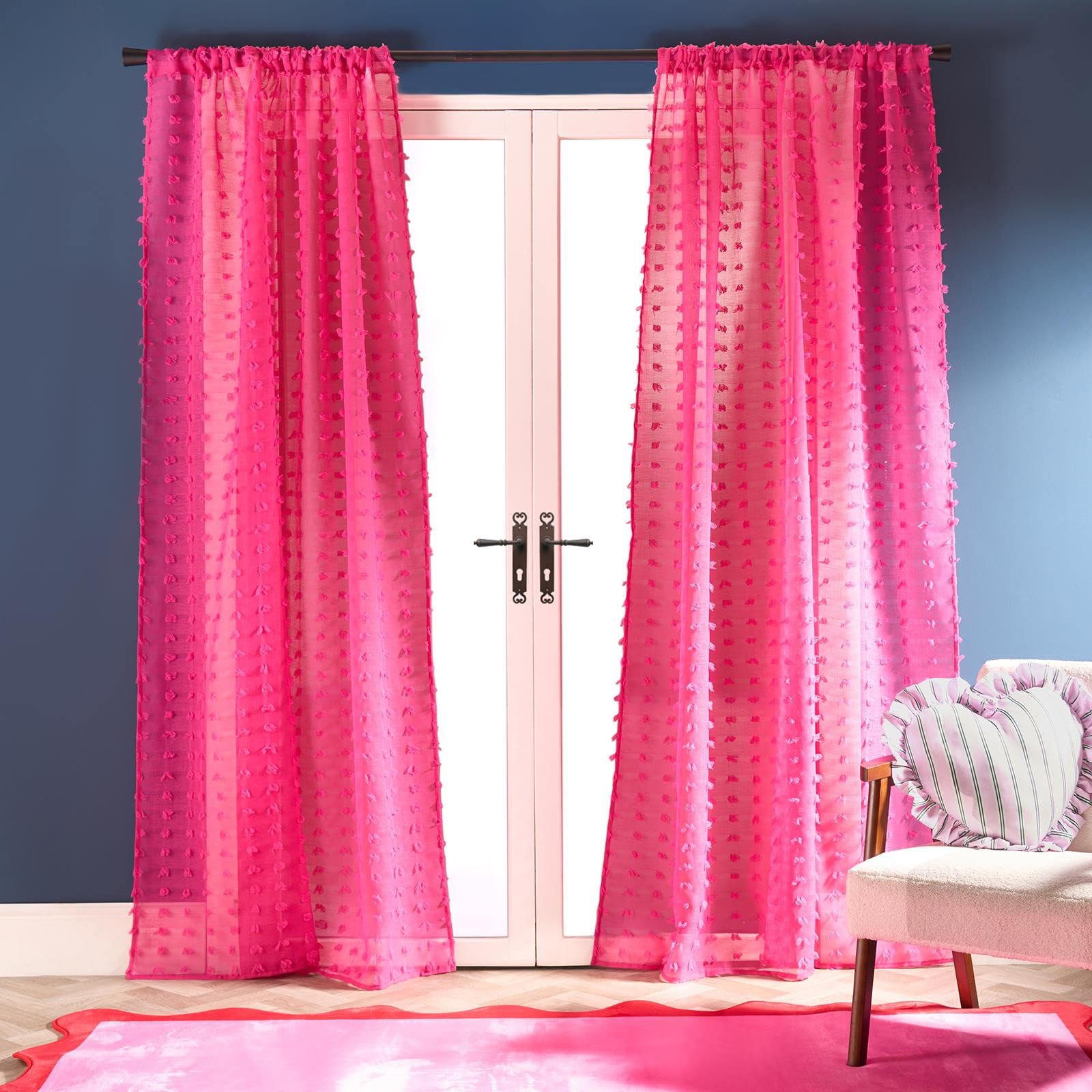 Ohs Hot Pink Voile Curtains, 87 Drop 2 Panels Net Curtain For Windows Pompom Tufted Decorative Transparent Slot Top Design Sheer Curtains For Living Room Bedroom 55" X 87",