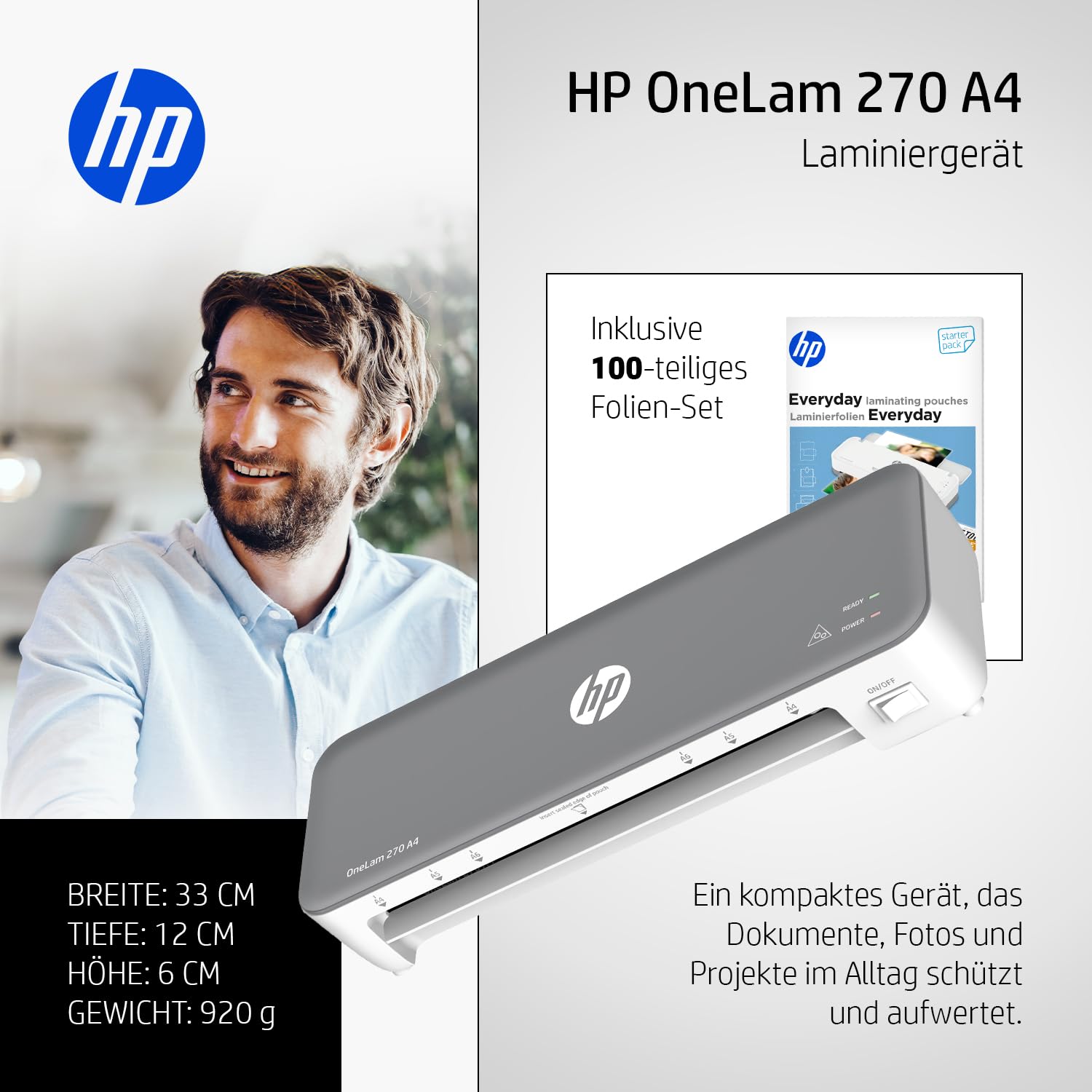 HP OneLam Plastifieuse A4 270 (plastification à chaud) avec films de plastification HP Everyday Kit de démarrage 80 microns composé de 100 feuilles A4/A5/A6 et cartes de visite