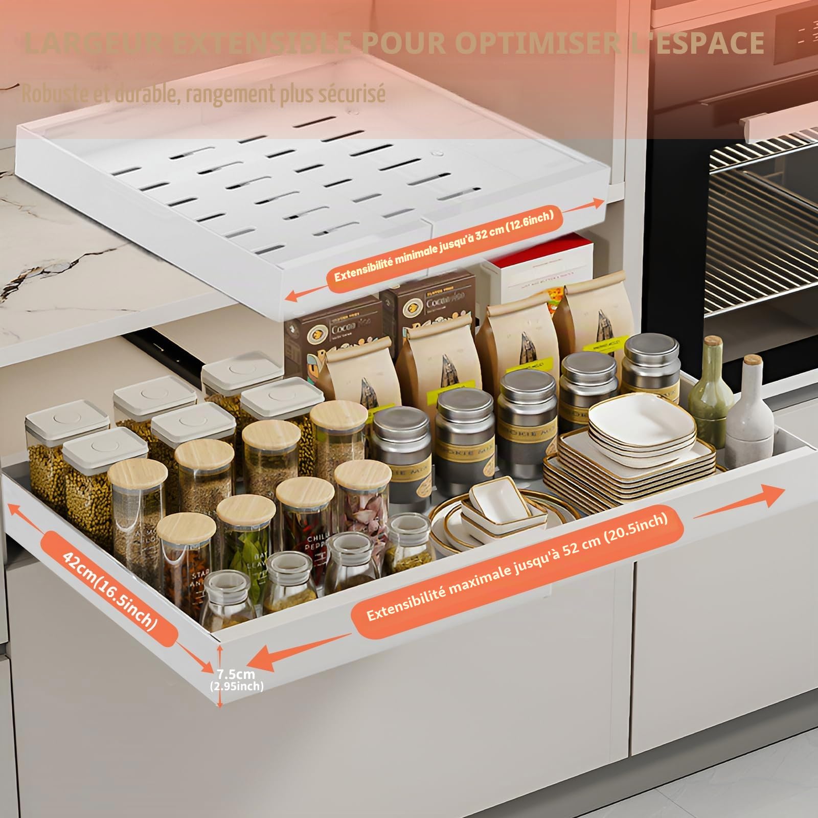 2pcs Tiroir Coulissant Cuisine, Organisateur d'armoire coulissant, tiroirs coulissants extensibles et de rangement, Tiroir Coulissant Cuisine Adhesif, avec garde-corps élevé (32 cm à 52 cm)