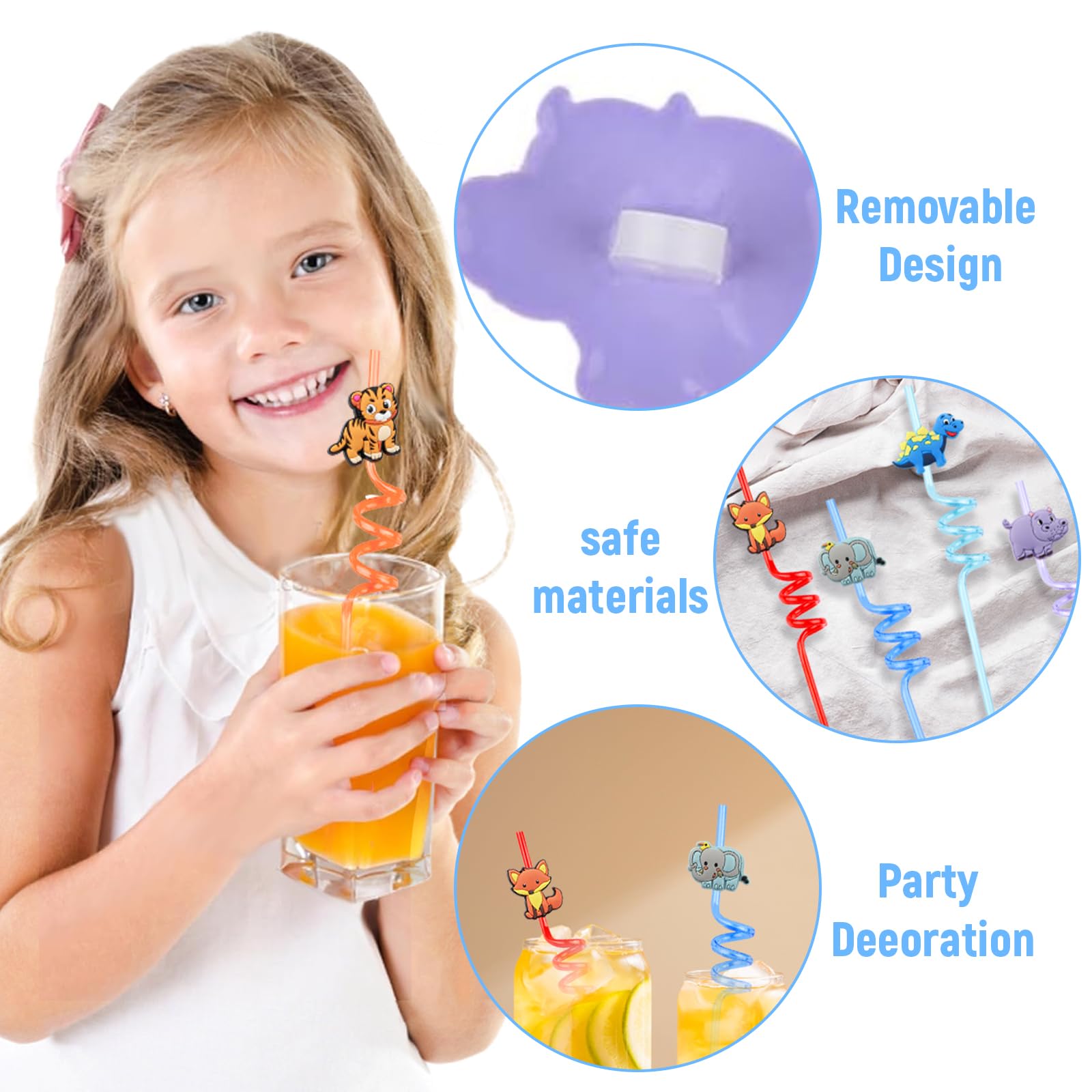 Pajitas Reutilizables Niños 12 Piezas Animales Pajitas, Pajitas Plástico, Gafas Pajita para Beber, Pajitas Fiesta En Espiral, Para Leche, Jugos, Cócteles Decoración de La Fiesta de Cumpleaños