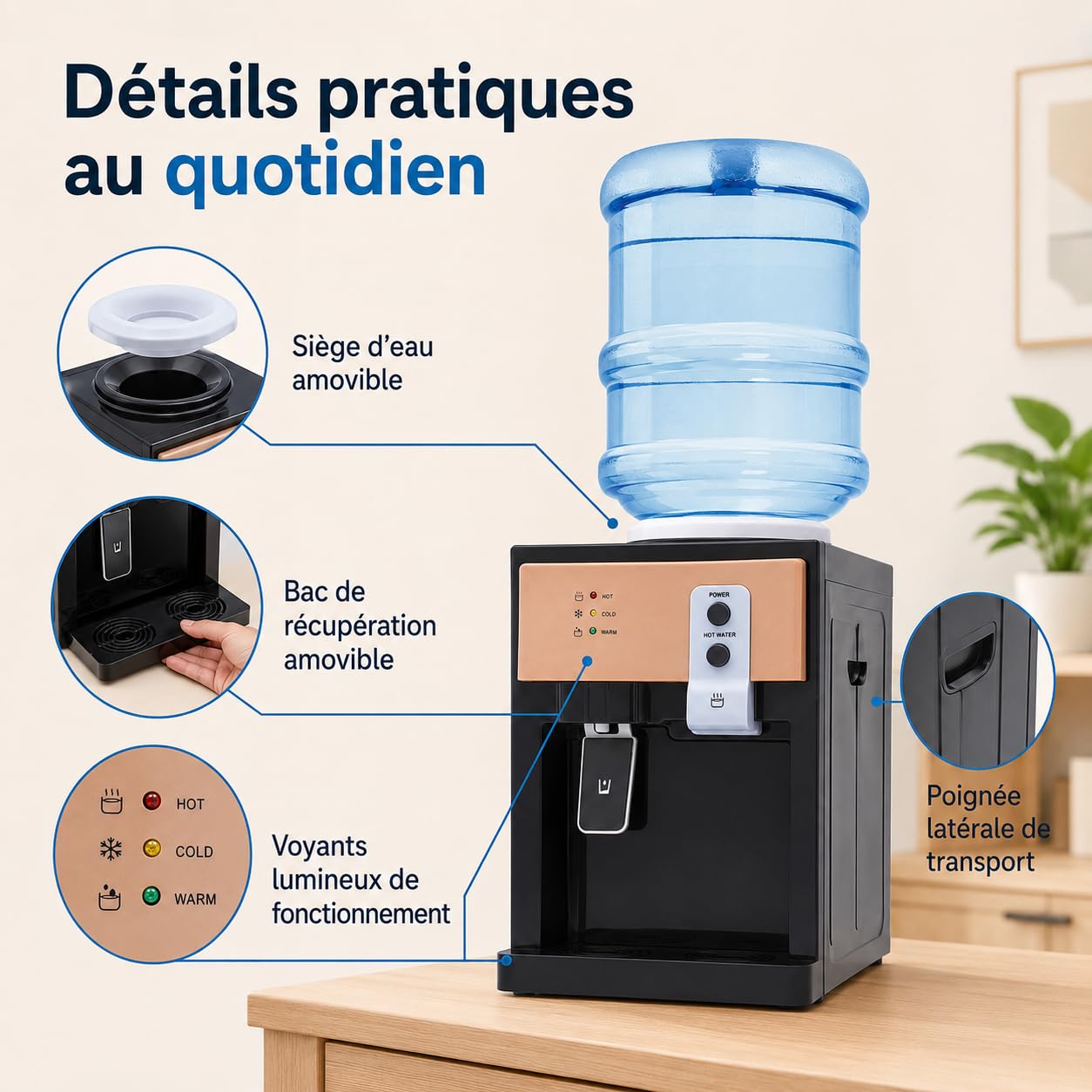 Distributeur d'eau électrique 550 W, source d'eau chaude et froide, pour bureau, maison, machine à eau avec bac de collecte d'eau amovible, pour seaux de 3,5 L, 5 L, 10 L, 18,9 L, pour