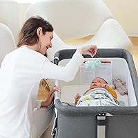 Vista 2 de Ihoming Moisés para bebé, cuna lateral con cesta de almacenamiento, cuna plegable fácil, cama ajustable para bebé recién nacido, gris