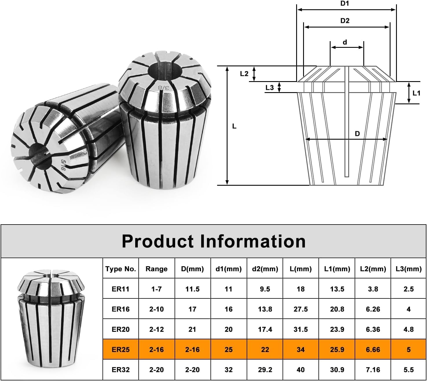 ER11 ER16 ER20 ER25 ER32 ER40 Spring Collet Set for CNC Engraving Machine and Milling Lathe Tool Workholding Engraving Collets (12pcs ER25)
